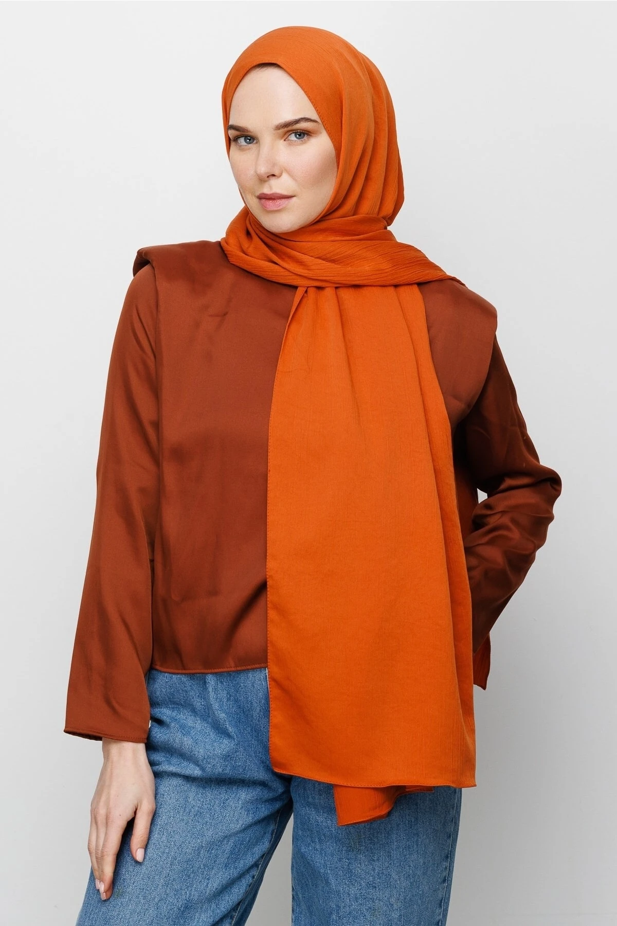 Toptan Krinkıl Medine İpeği Şal - Kiremit