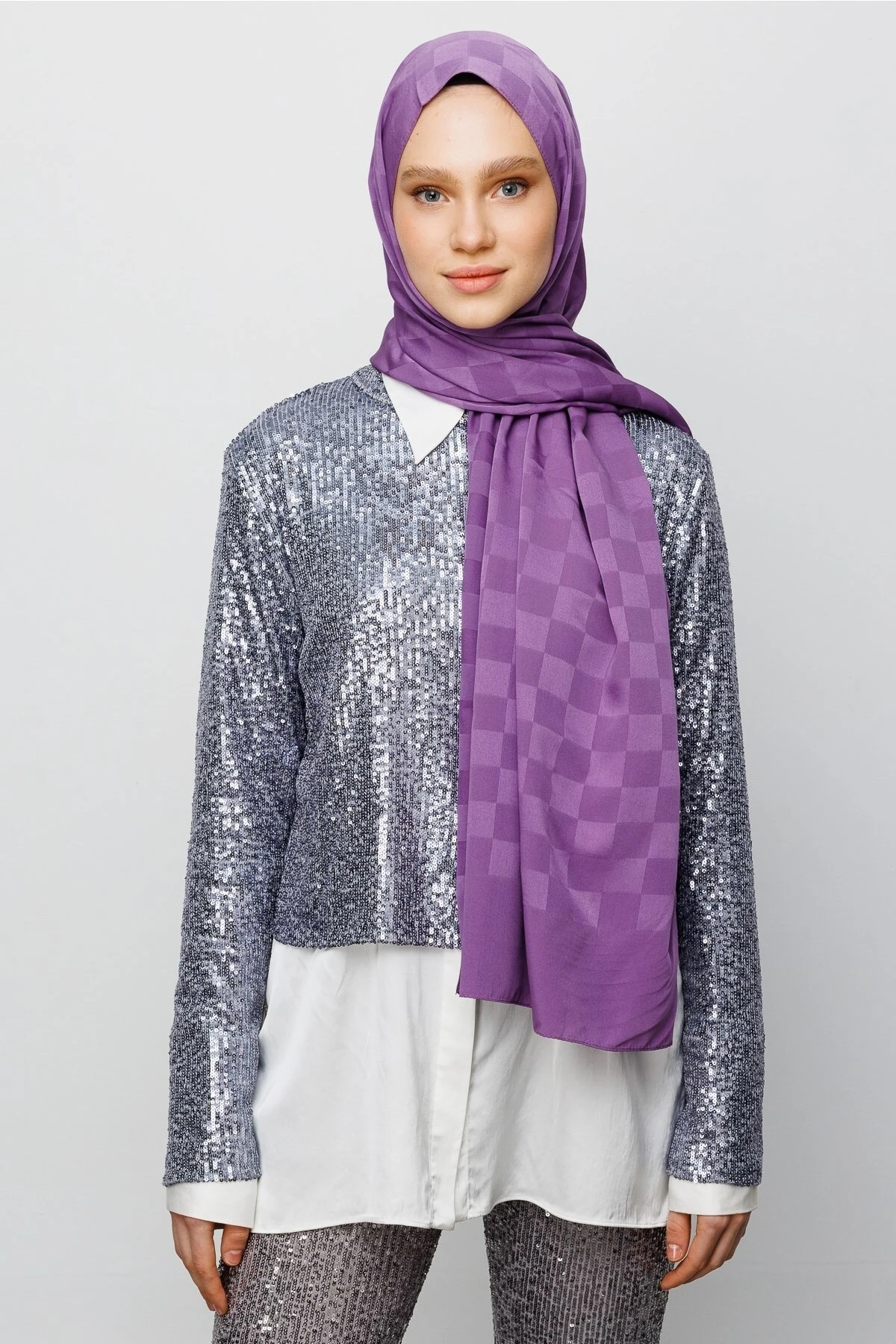 Checkers Pattern Silk Jacquard Shawl - Lavender