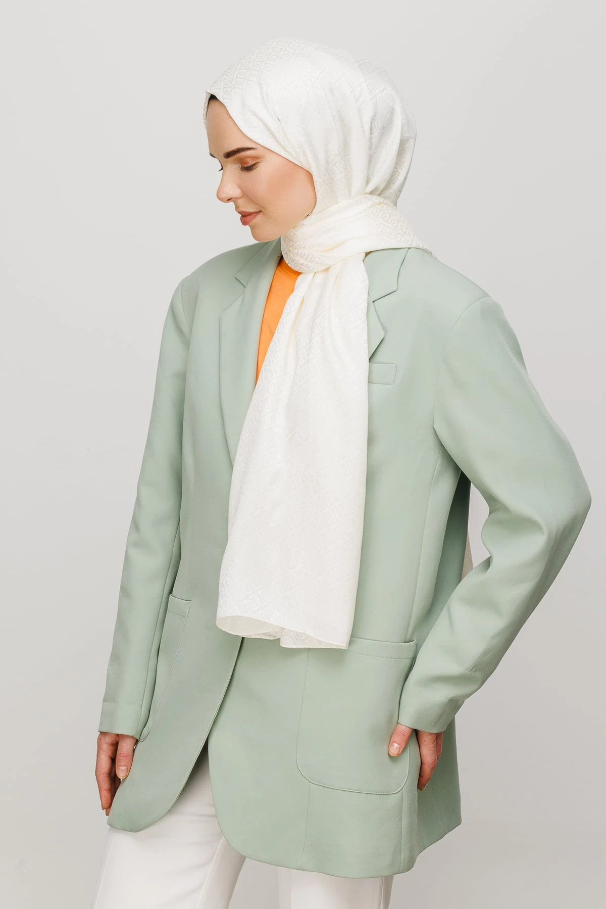 Wholesale Forever Pattern Shiny Jacquard Shawl - Ecru