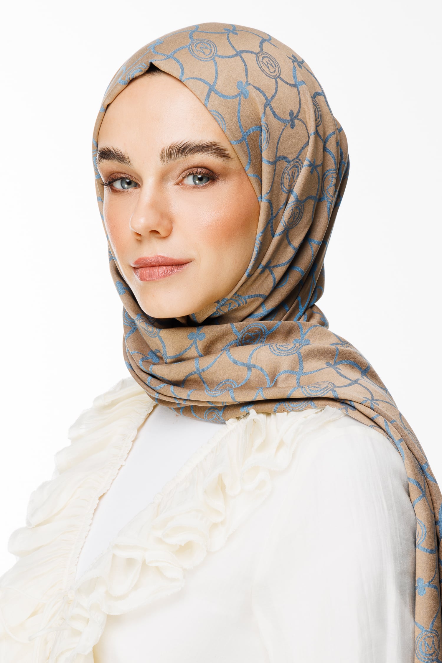 Toptan Marrakech Desen Çift Taraflı Şal - Vizon-Turkuaz