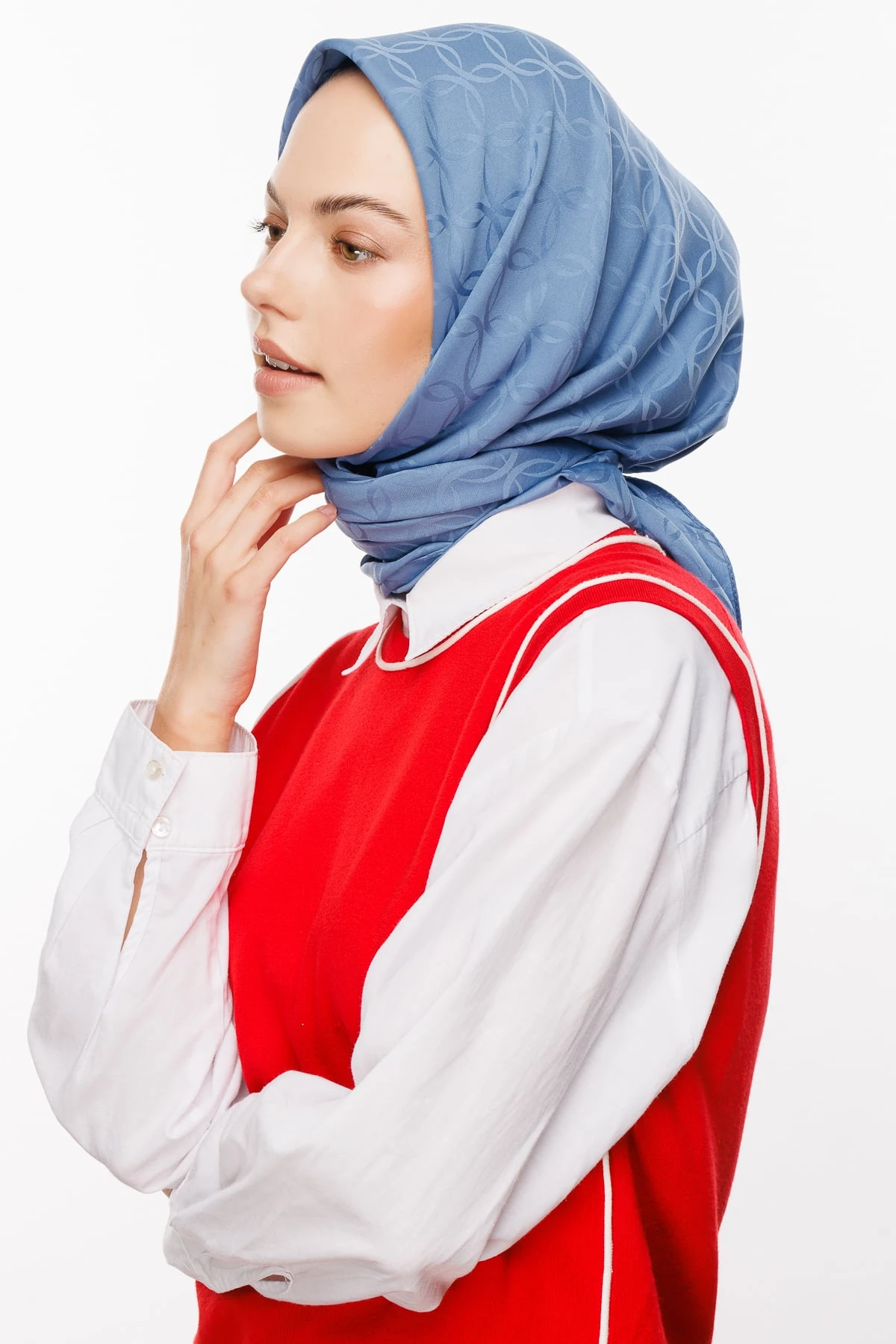 Toptan London Desen İpeksi Jakar Eşarp - Gök Mavisi