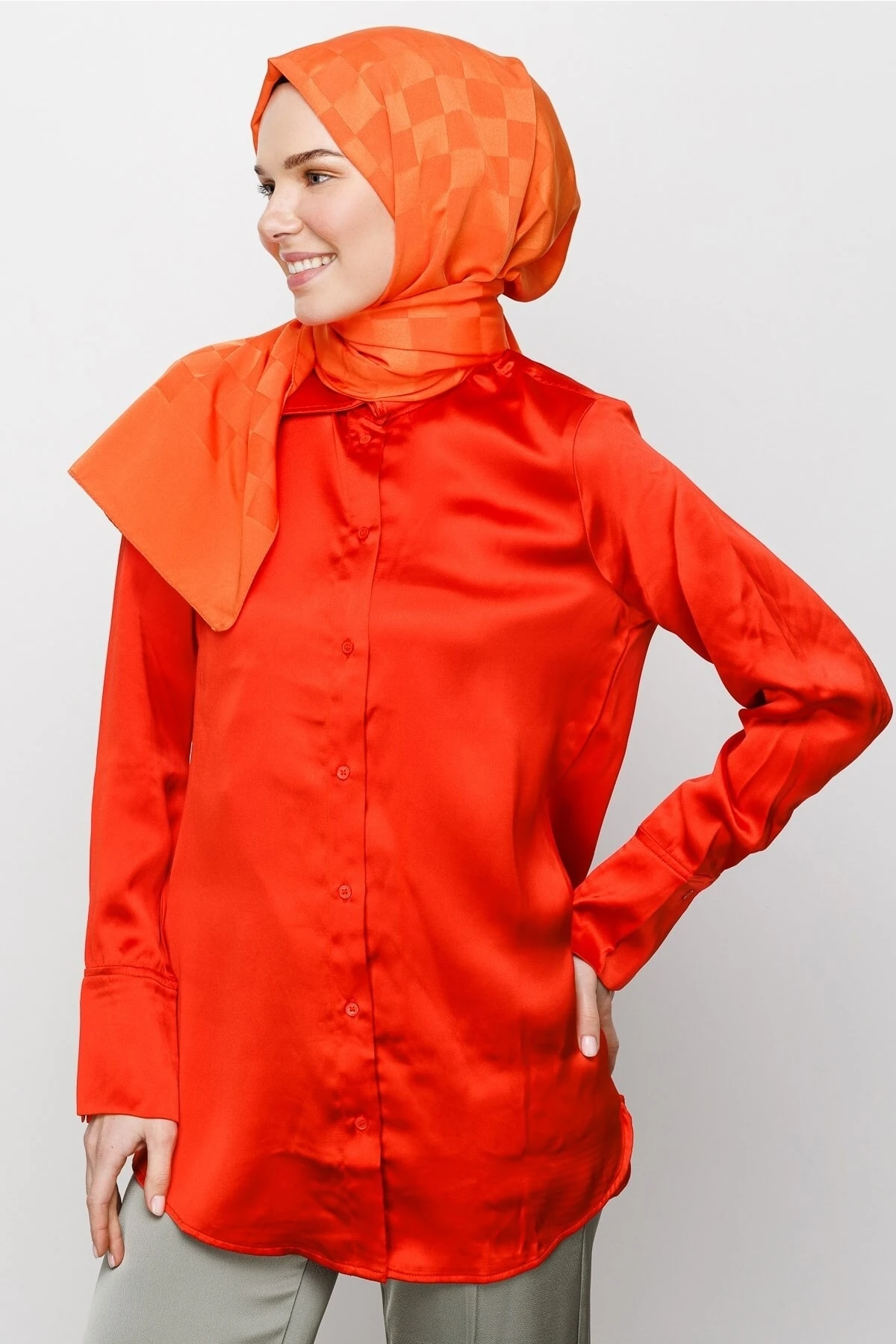 Toptan Dama Desen İpeksi Jakar Şal - Turuncu