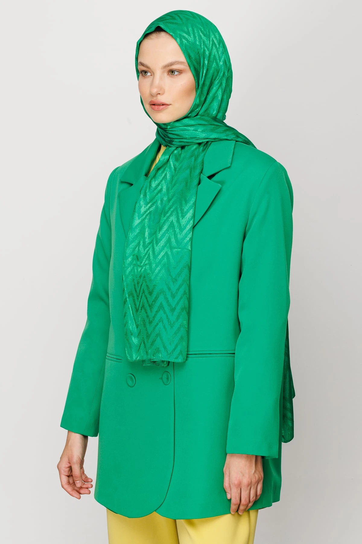Zigzag Pattern Shiny Jacquard Shawl - Benetton Green