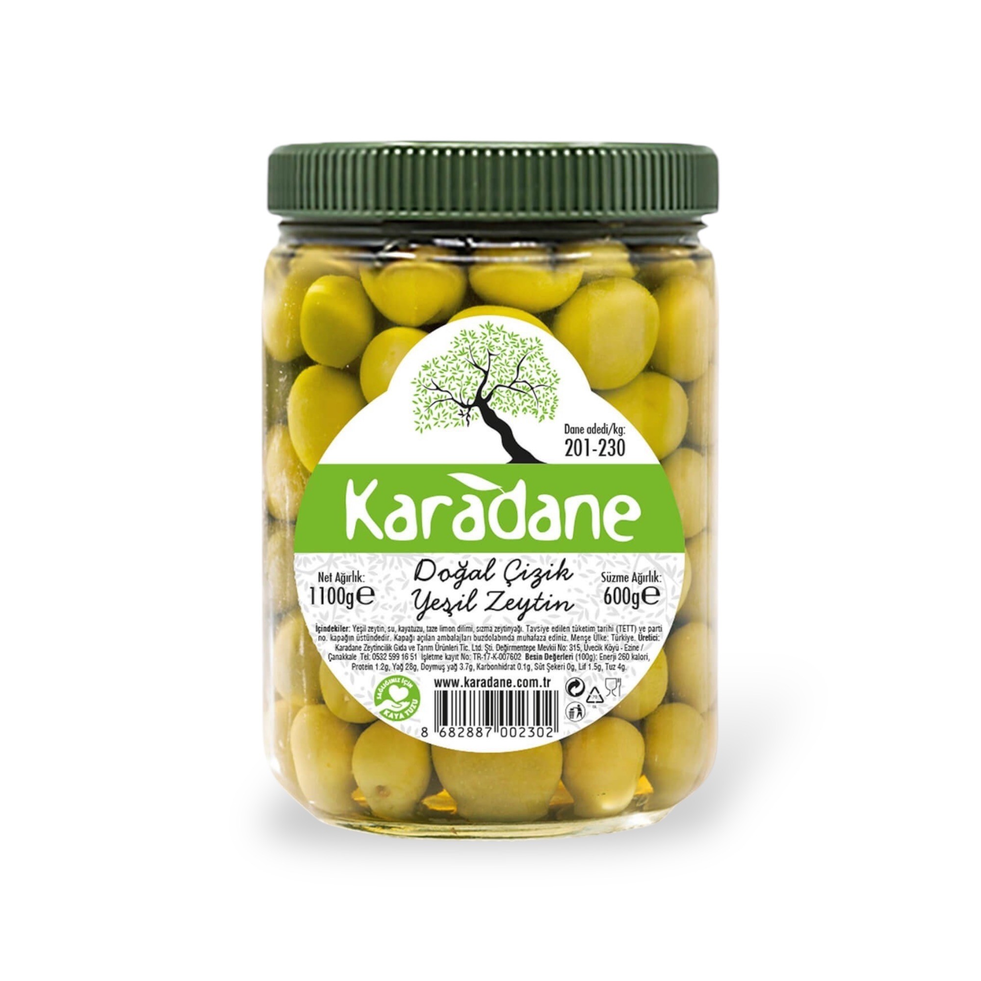 Karadane Çizik Yeşil Zeytin XL 201-230 Kalibre - 600g