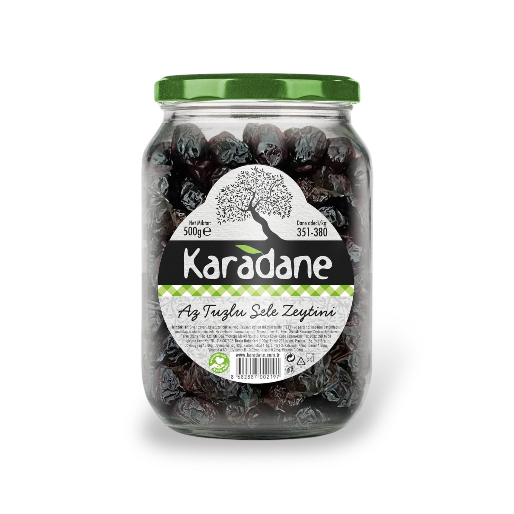 Karadane Az Tuzlu Sele Zeytini 351-380  Kalibre Yeşil Pötikare-500g