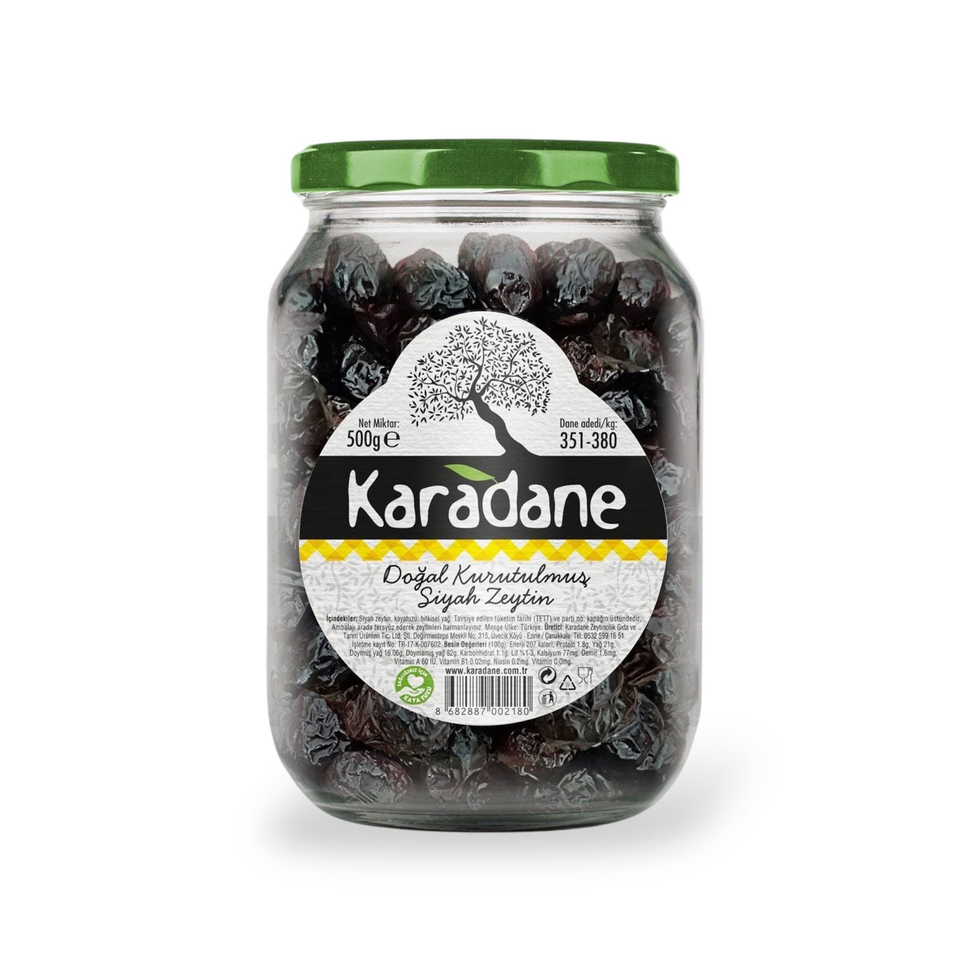 Karadane Doğal Kurutulmuş Siyah Zeytin 351-380 Kalibre Sarı Pötikare 500g