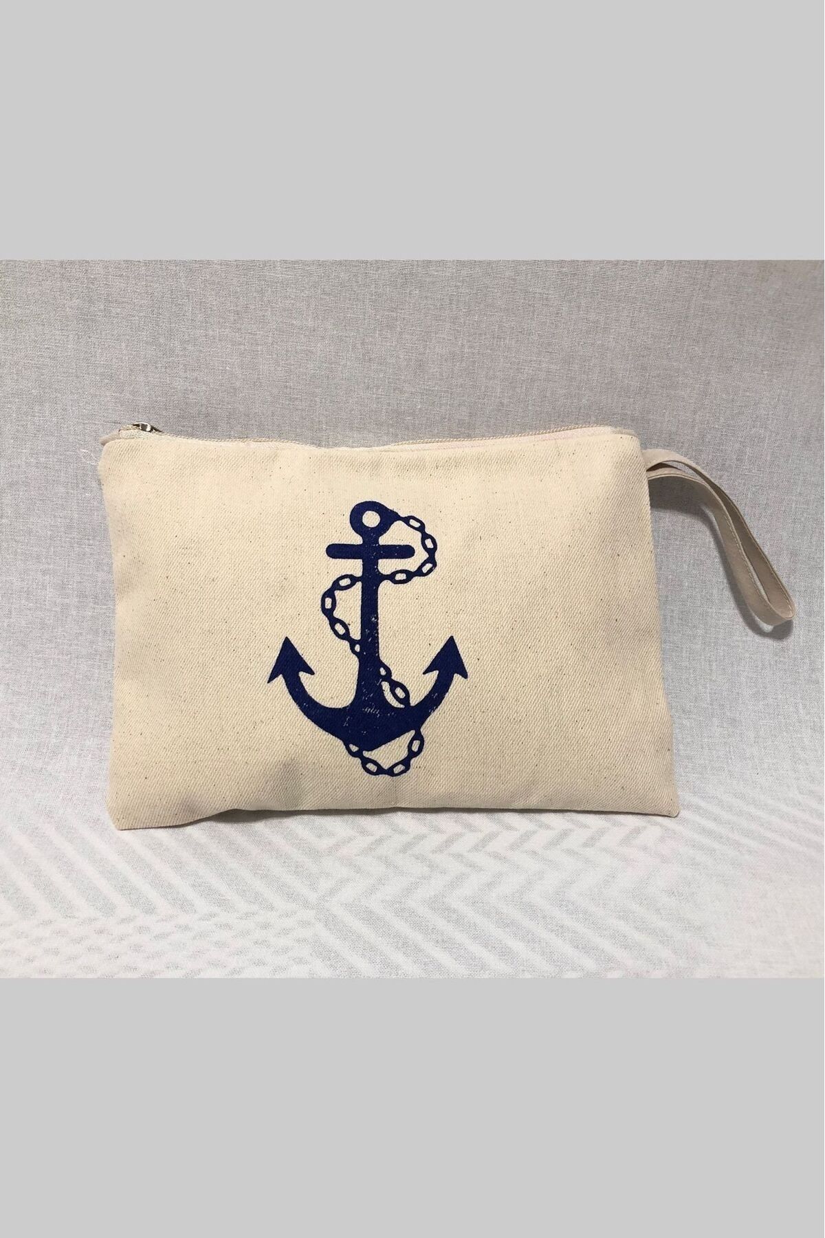 Tahta Baskı Çapa Desenli Clutch ,Portföy Çanta,Makyaj Çantası