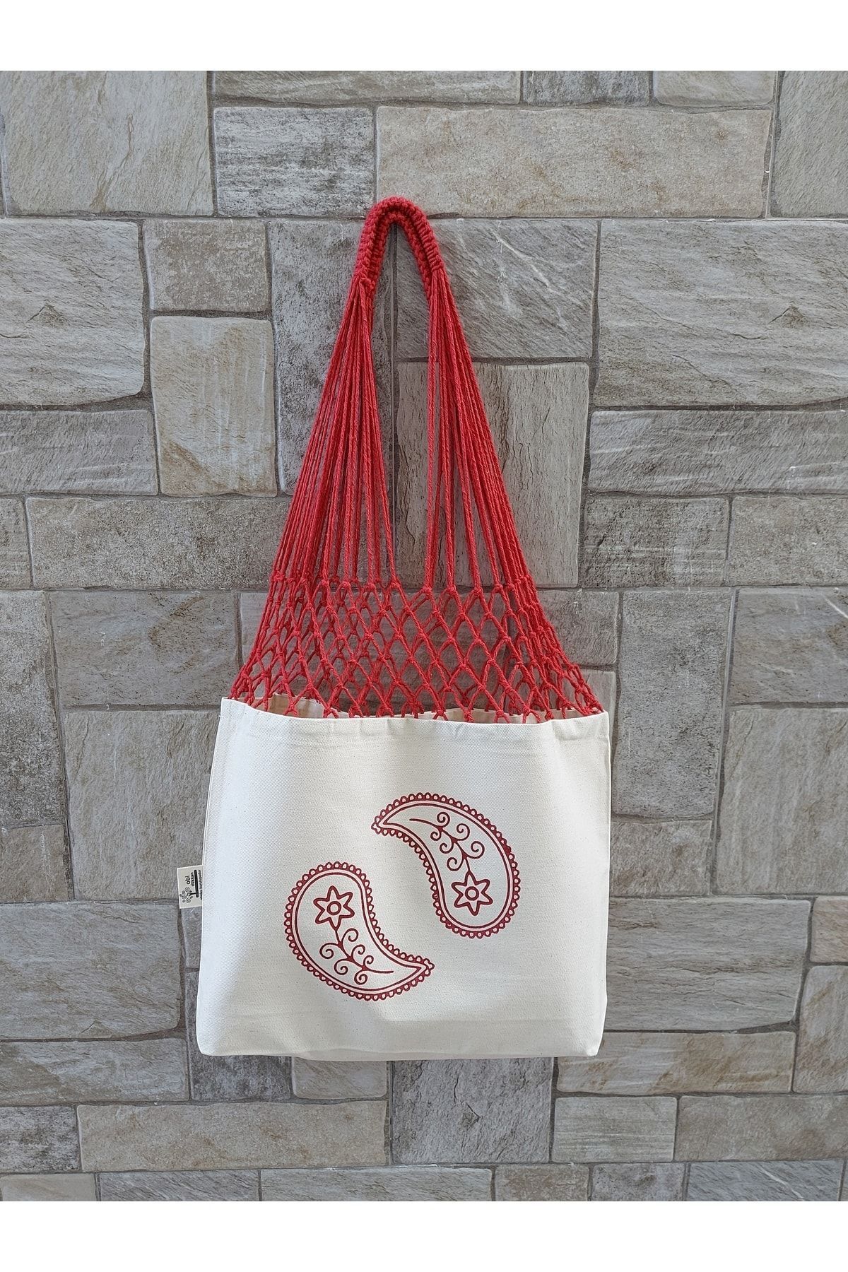 Baskılı Kırmızı Uzun File Çanta