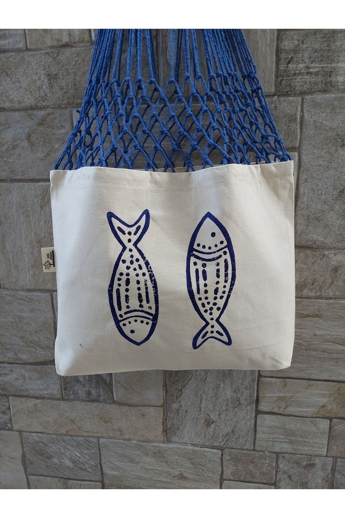 Balık Baskılı Mavi Uzun File Çanta