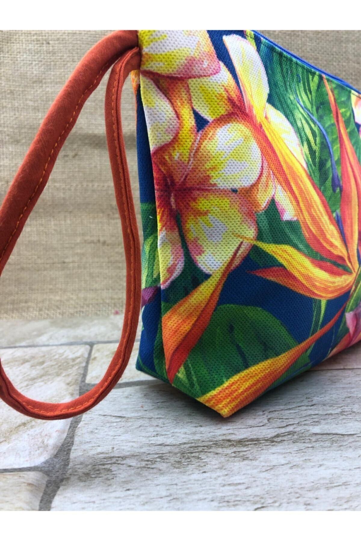 Turuncu Renk Çiçekli Portföy Çanta