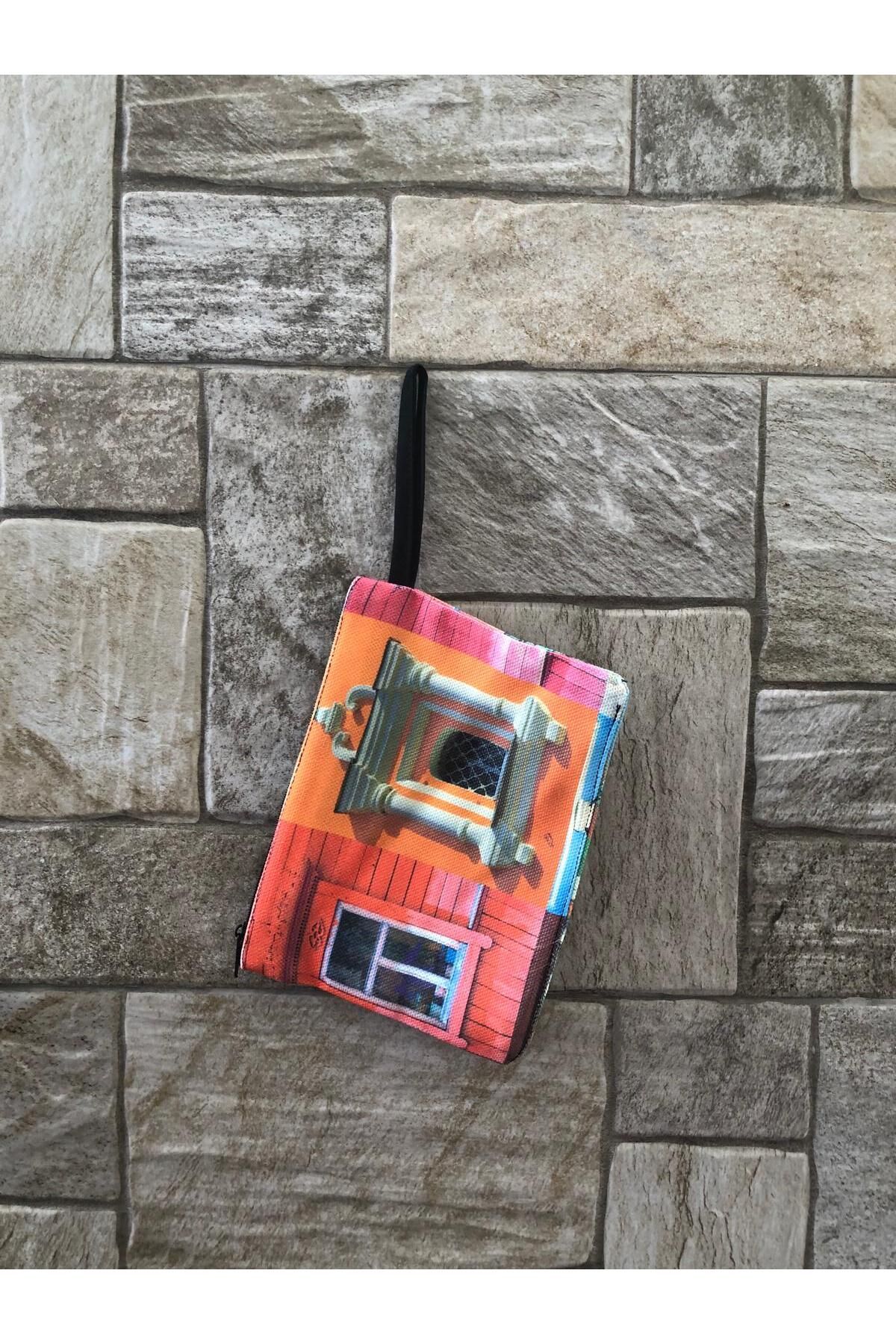 Pencereler Desenli Dijital Baskı Kol Çantası-küçük Cüzdanlı