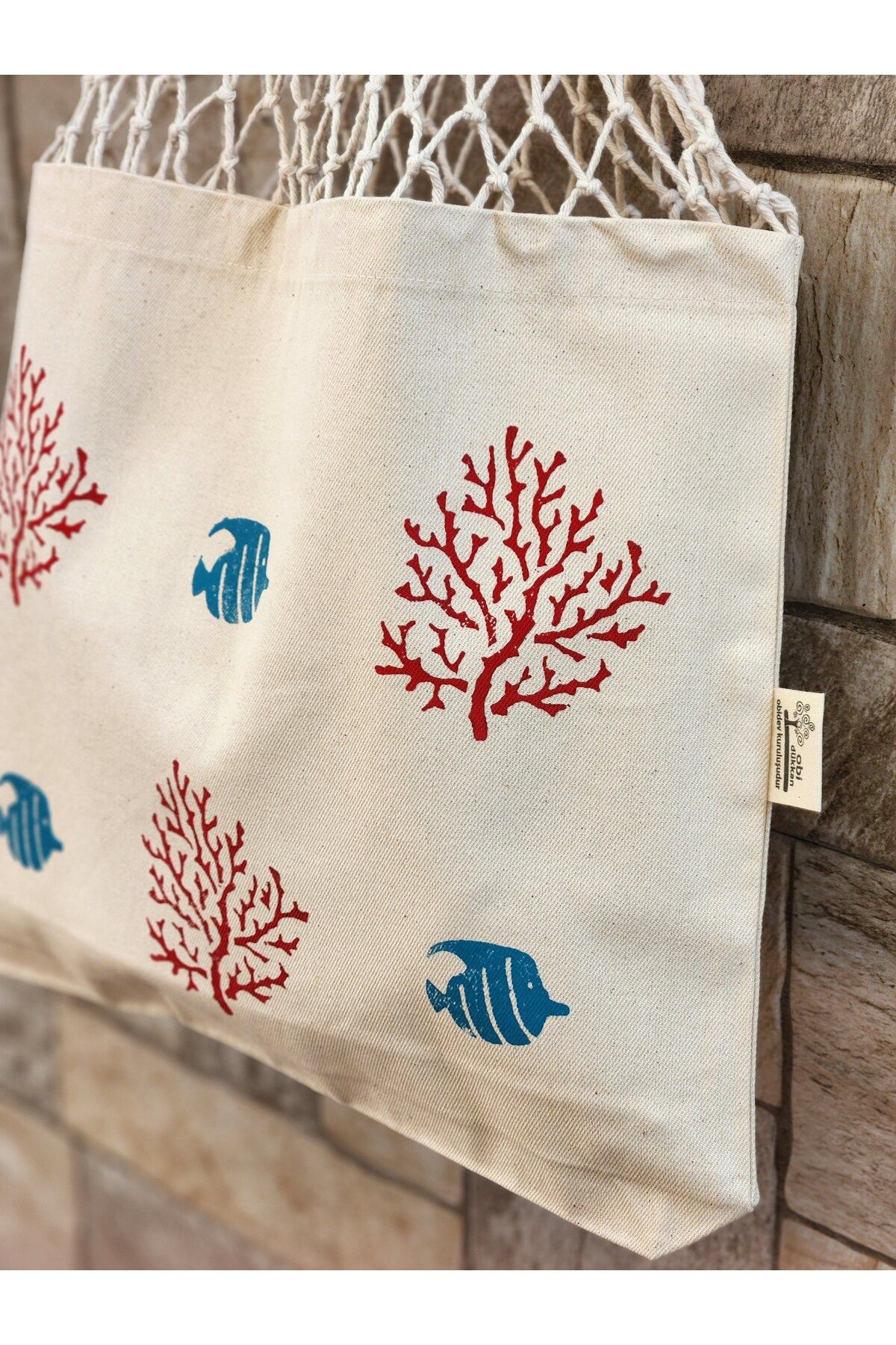 Tahta Baskı Mercan Balık Uzun File Çanta