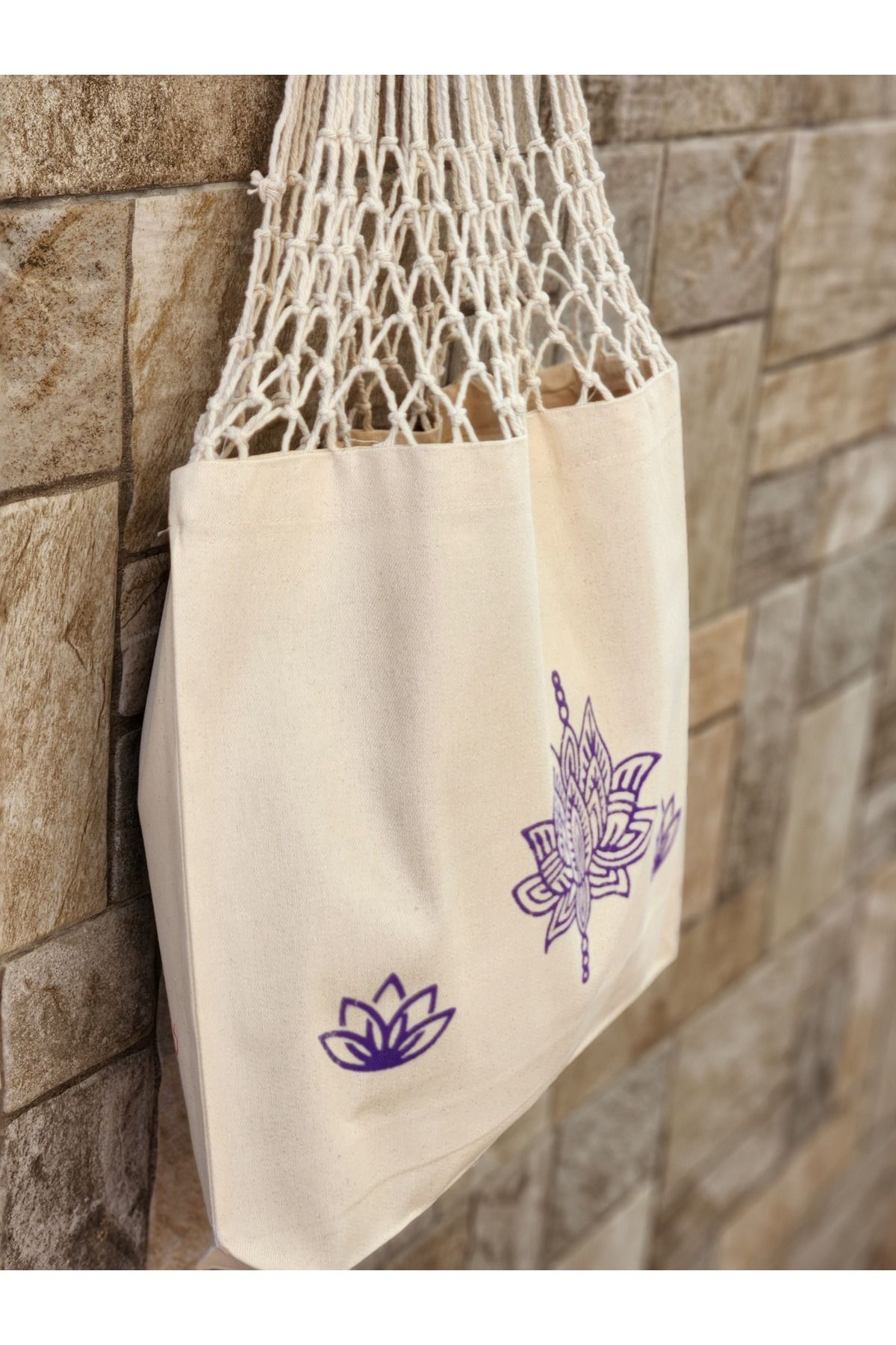 Tahta Baskı Lotus Desenli Uzun File Çanta