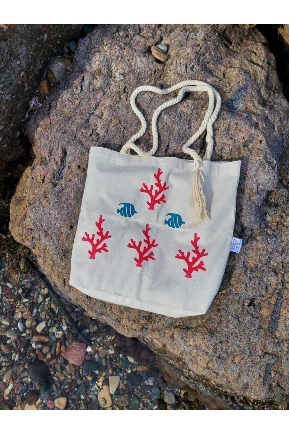 Mercan Ve Balık Baskılı Çanta