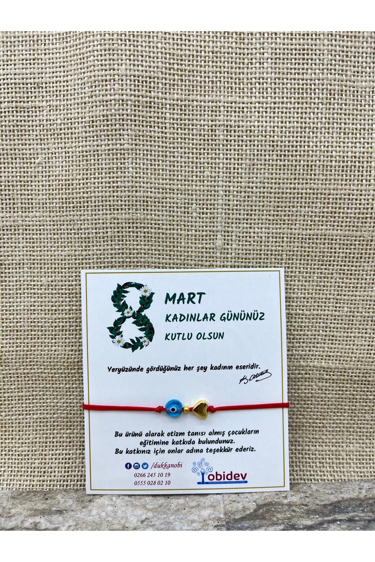 Kalp ve Cam Nazar Boncuğu Kırmızı Bileklik 8 Mart