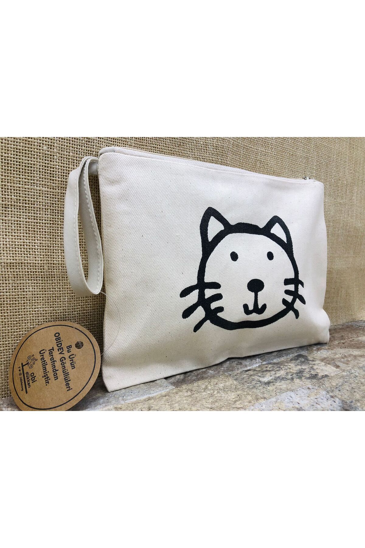 Tahta Baskılı Kedi Clutch, Portföy, Makyaj Çantası