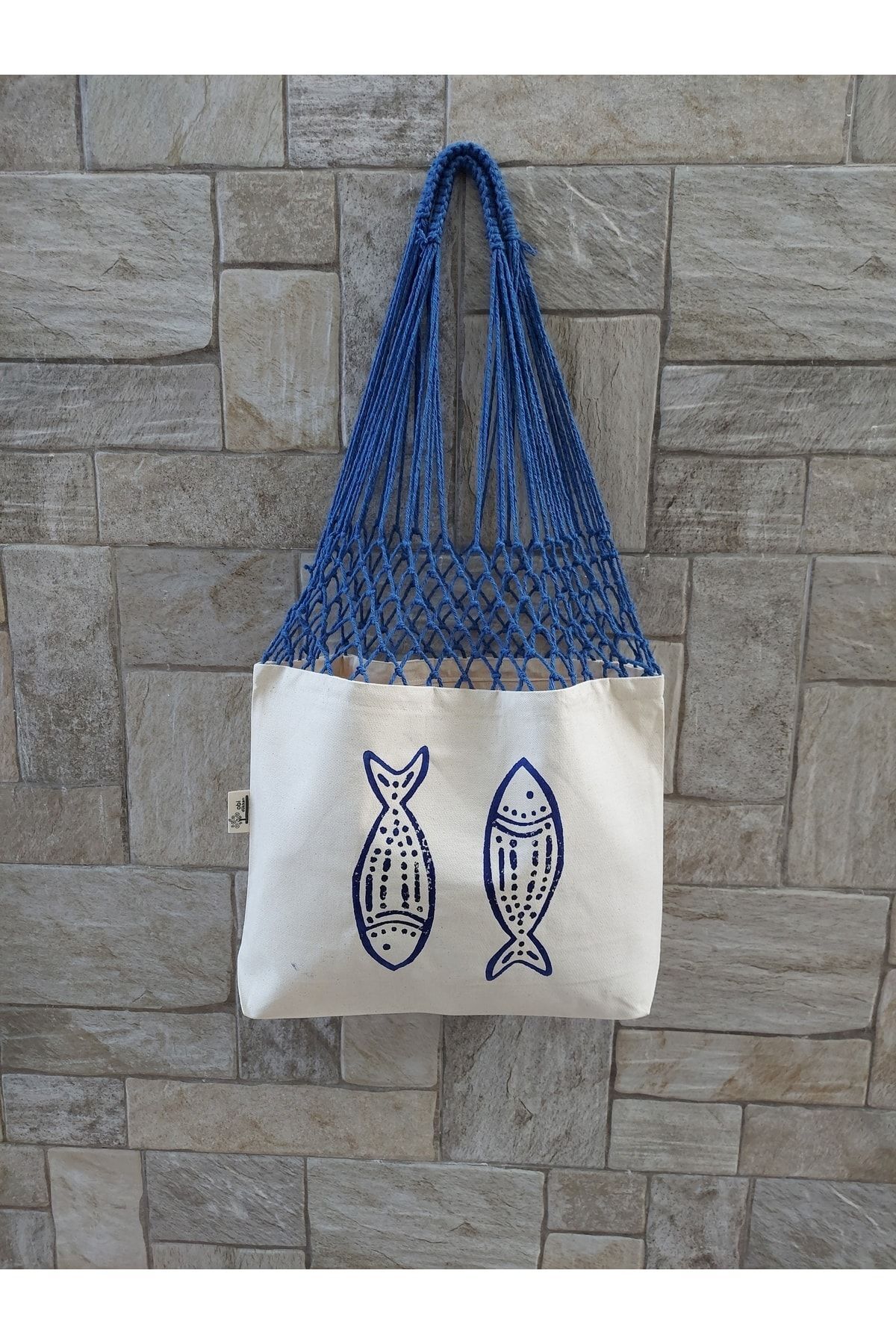 Balık Baskılı Mavi Uzun File Çanta