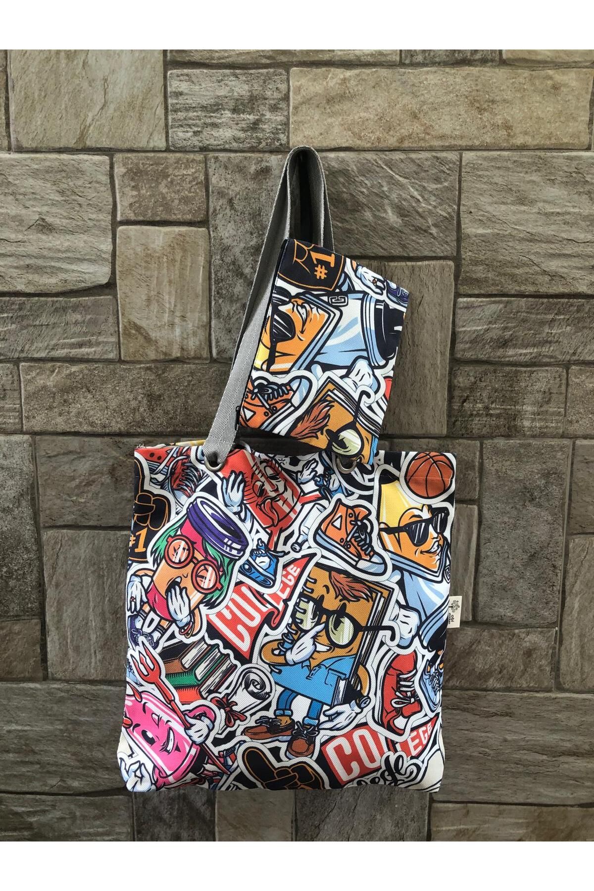 Pop Art Desenli Dijital Baskı Kol Çantası-küçük Cüzdanlı