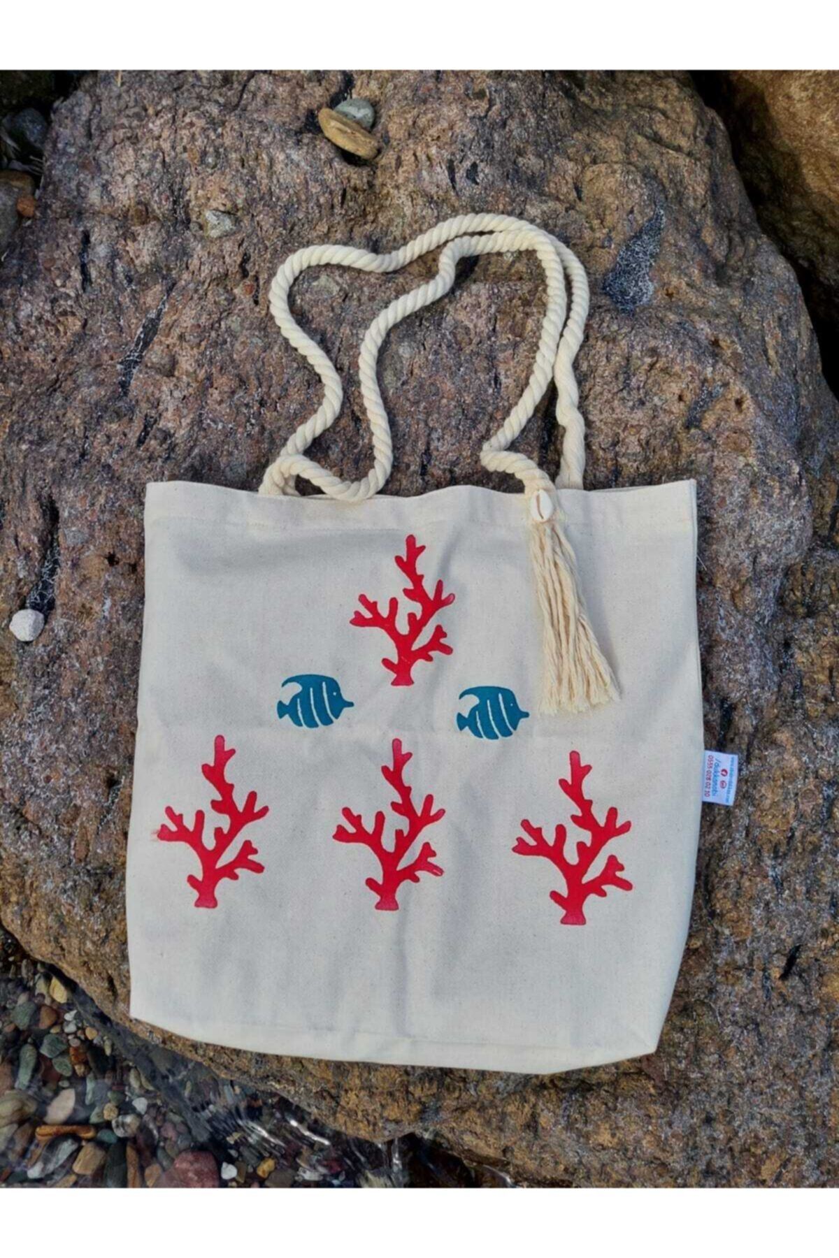 Mercan Ve Balık Baskılı Çanta