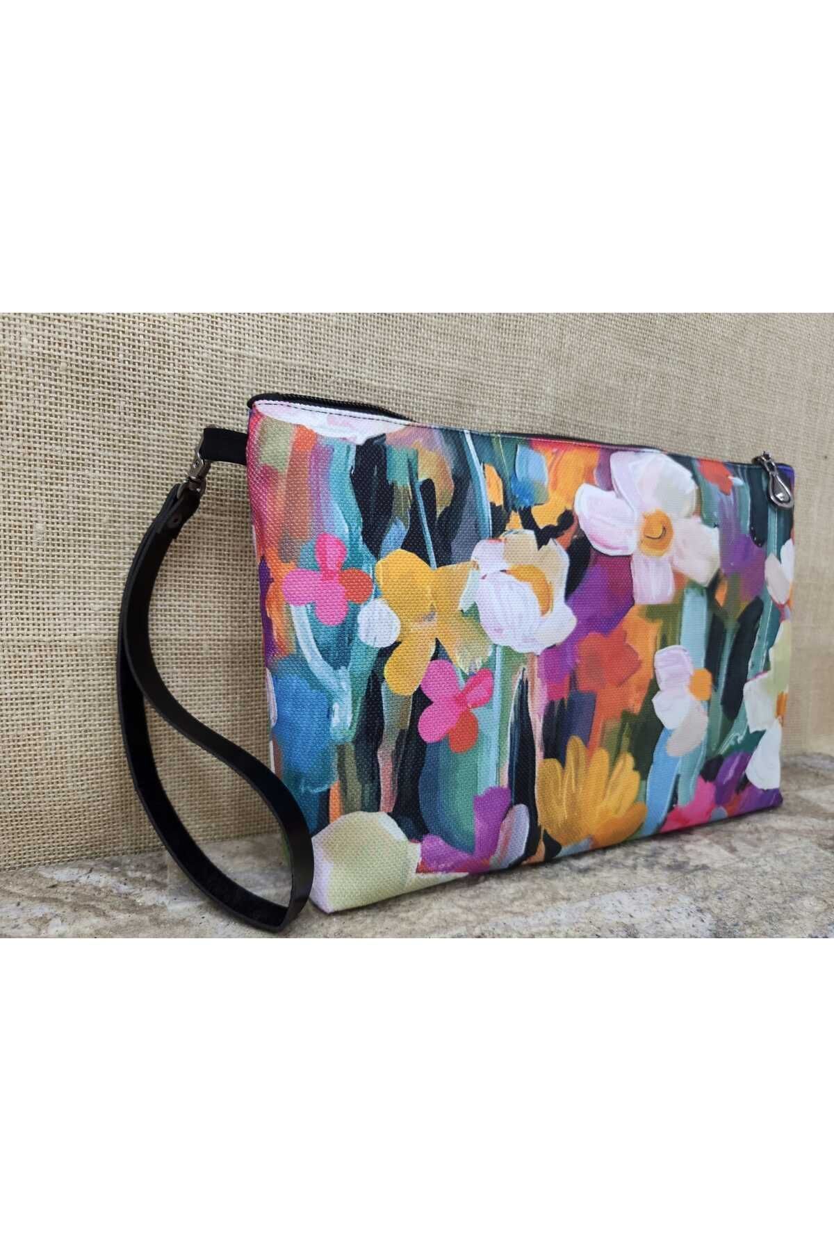 Yağlıboya  Çiçek Desenli Portföy Çanta