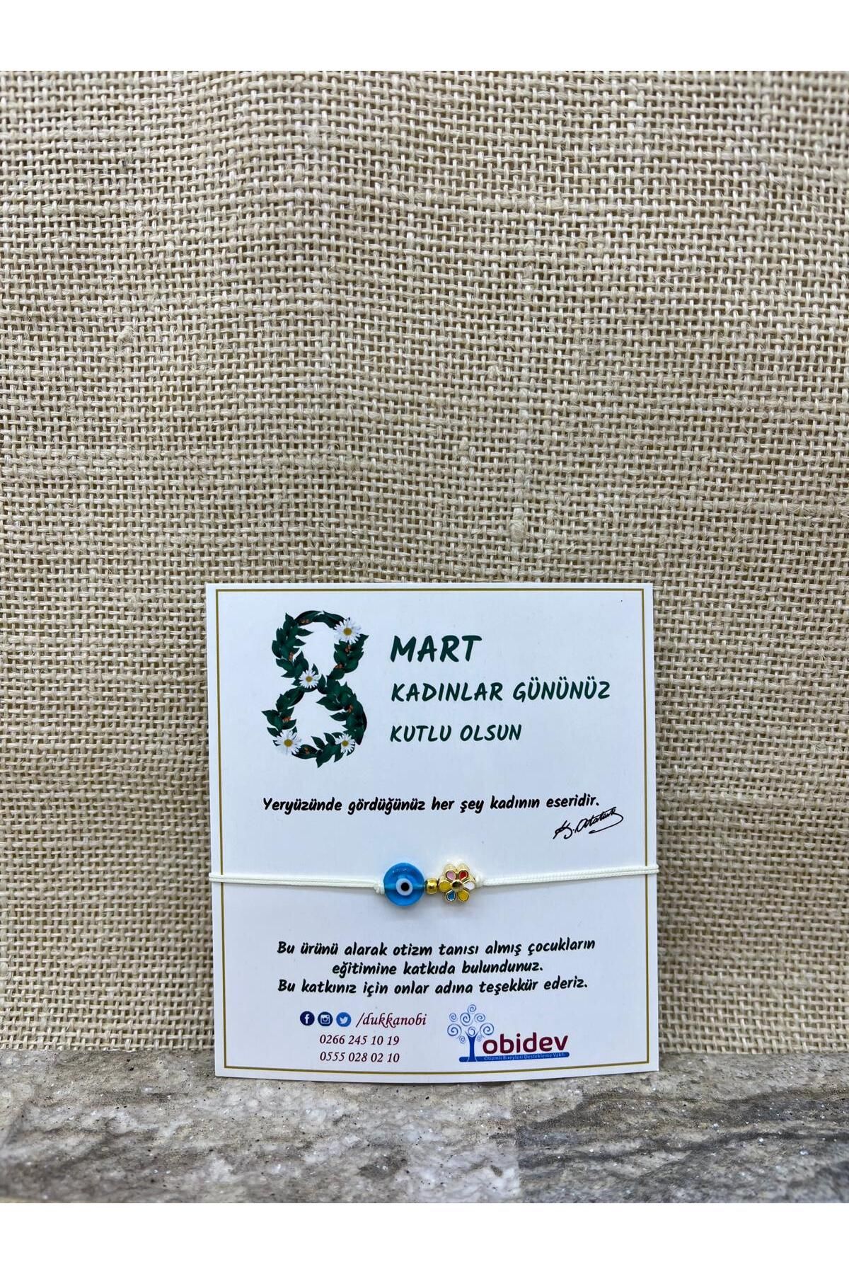 Renkli Papatya ve Cam Nazar Boncuğu Krem Bileklik 8 Mart