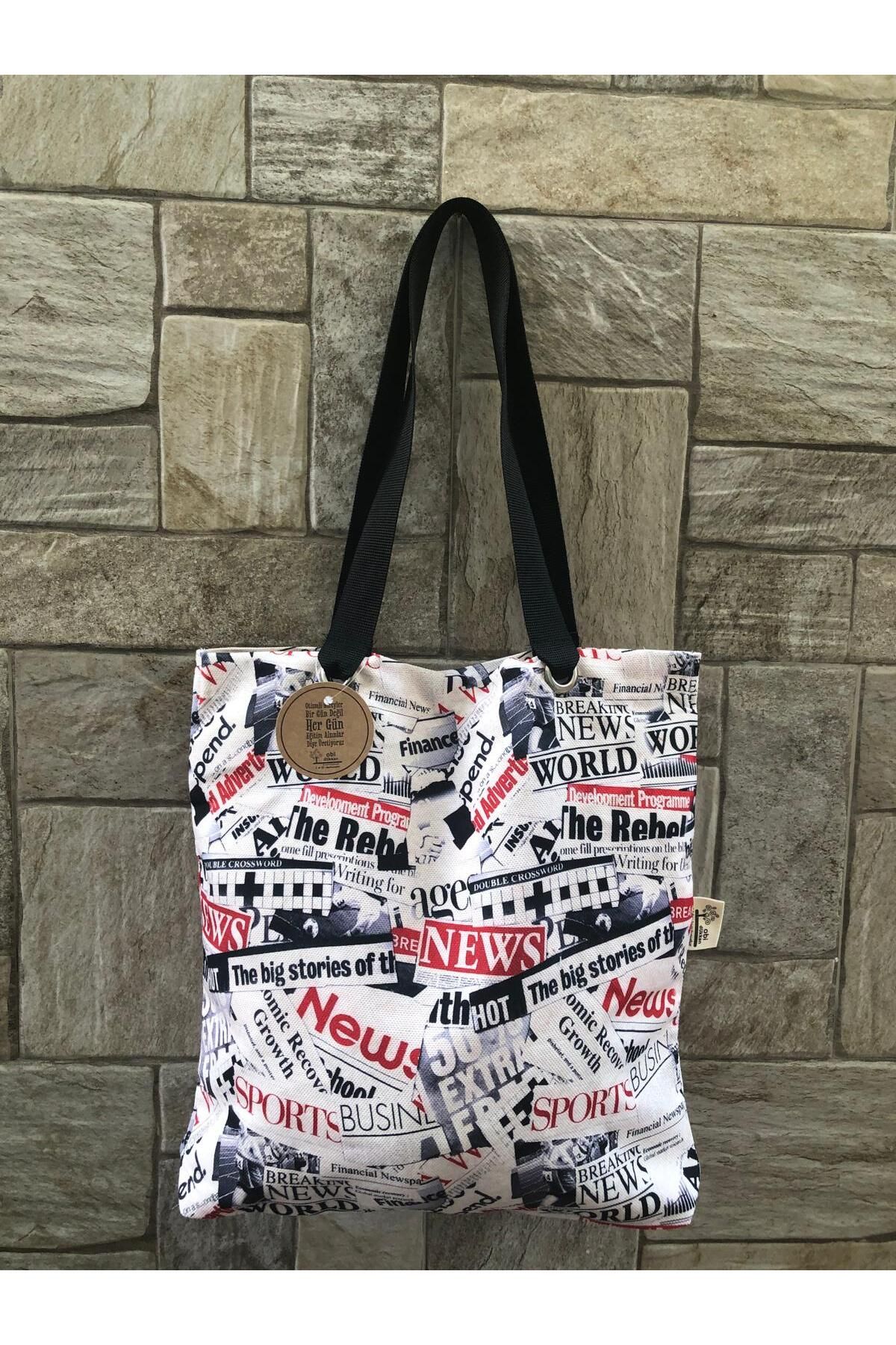 Gazete Manşetleri Desenli Dijital Baskı Kol Çantası-küçük Cüzdanlı