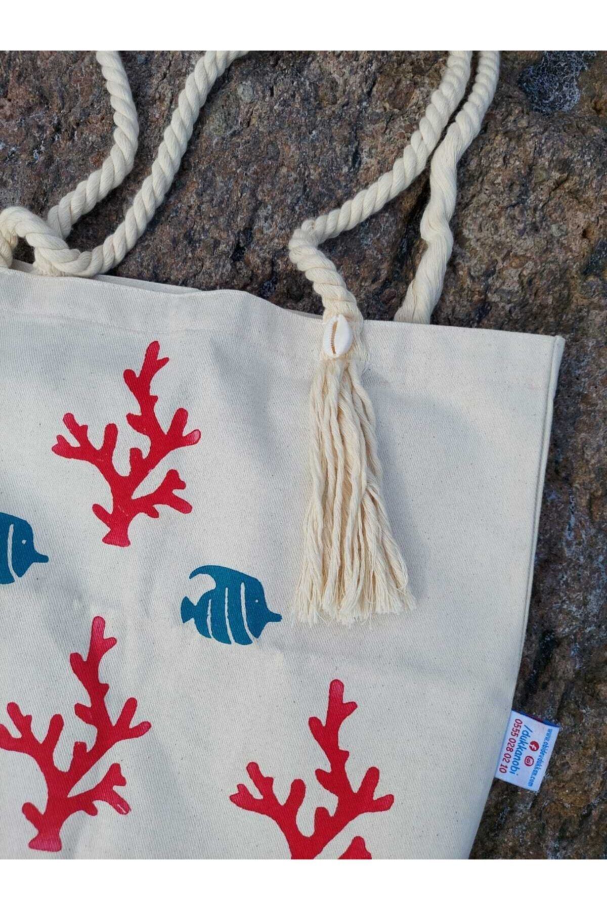 Mercan Ve Balık Baskılı Çanta
