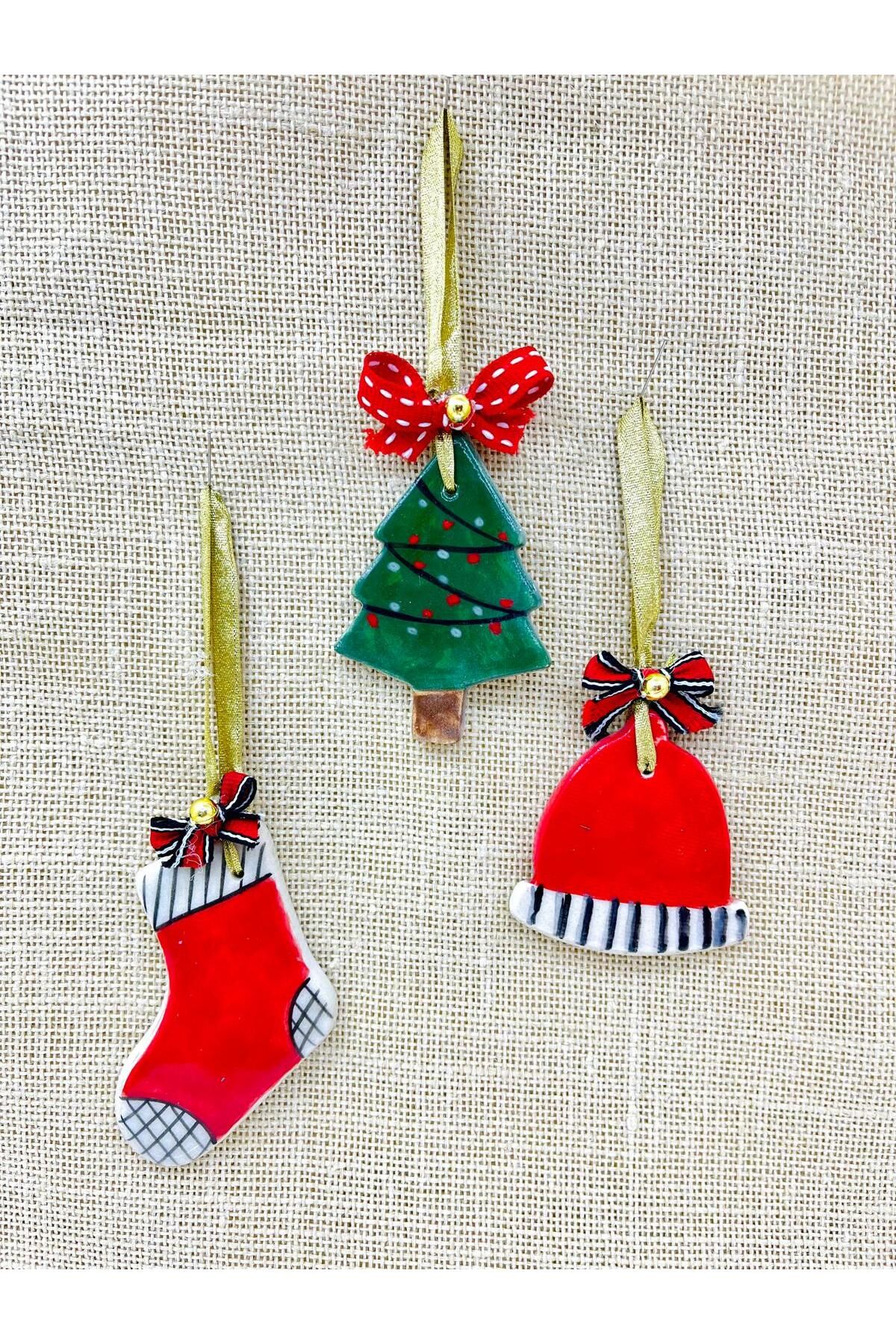 3'lü El Yapımı  Seramik Yılbaşı Süsü