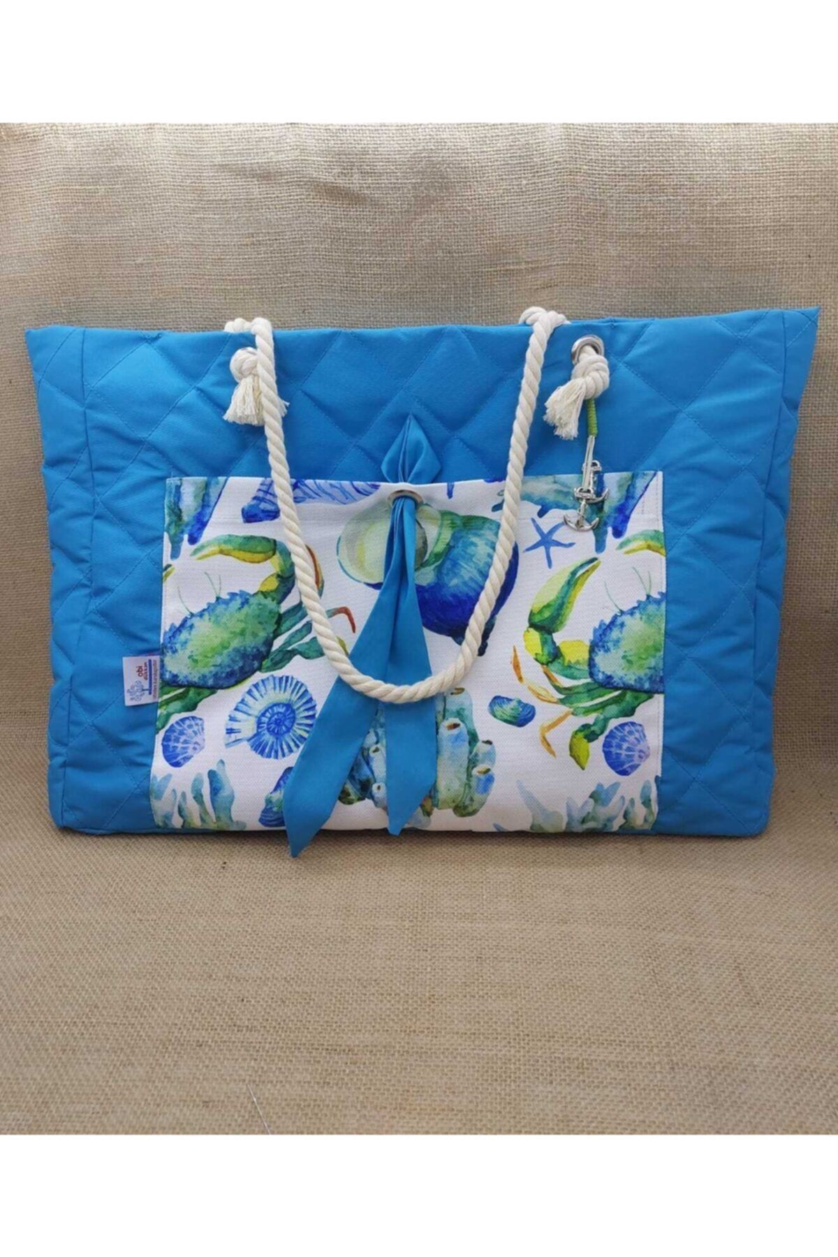 Su İtici Mavi Kapitoneli Plaj Çantası 55x39 cm