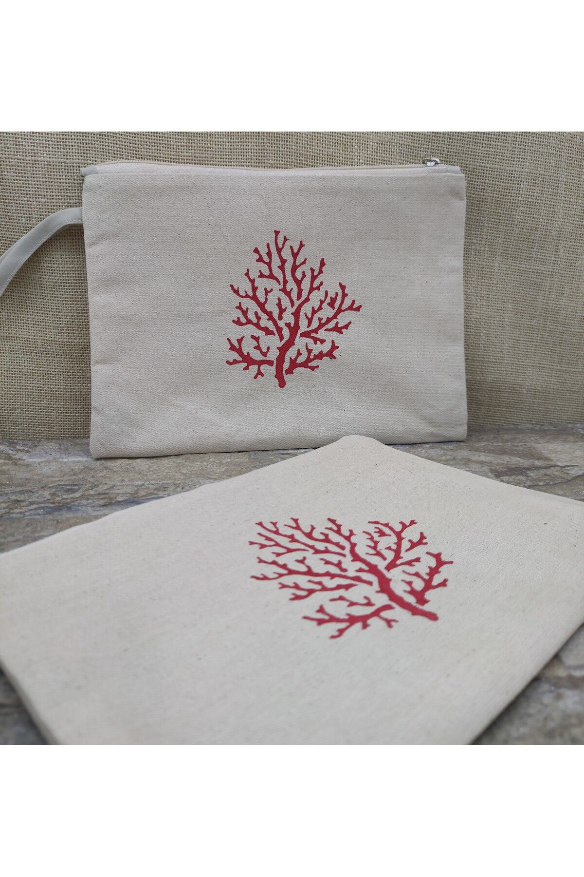 Tahta Baskı Mercan Desenli Clutch,Portföy,Makyaj Çantası