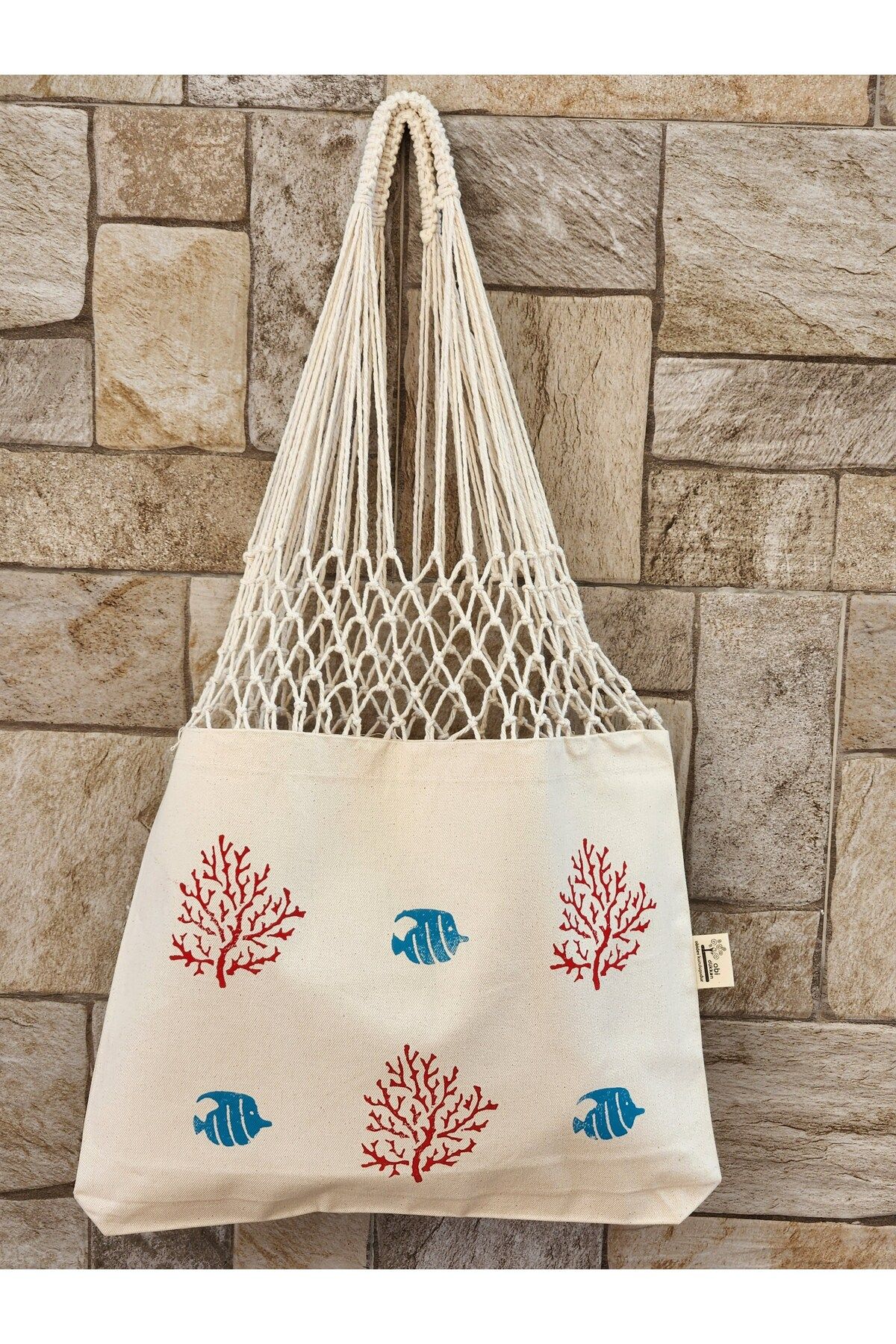 Tahta Baskı Mercan Balık Uzun File Çanta