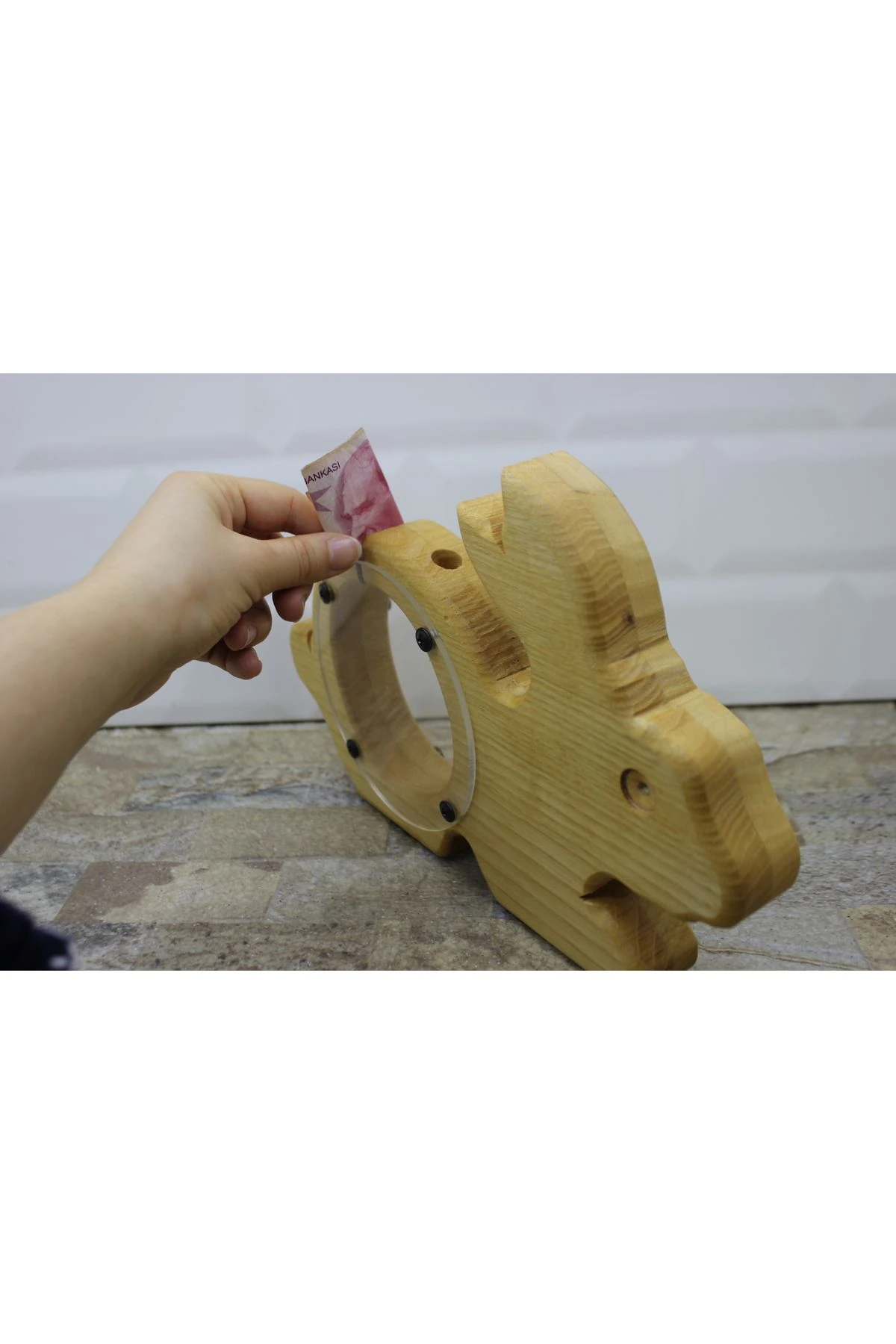 Tavşan Figürlü Masif Ahşap Kumbara