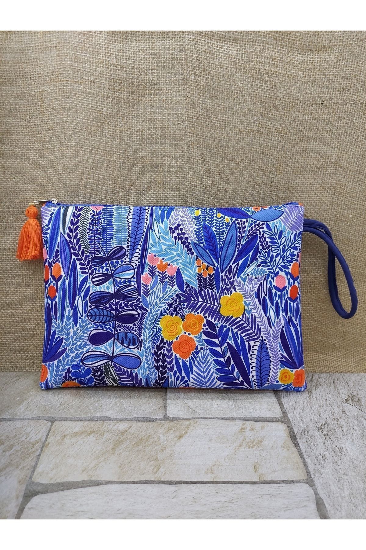 Saks Mavi Çiçekler Portföy Çanta
