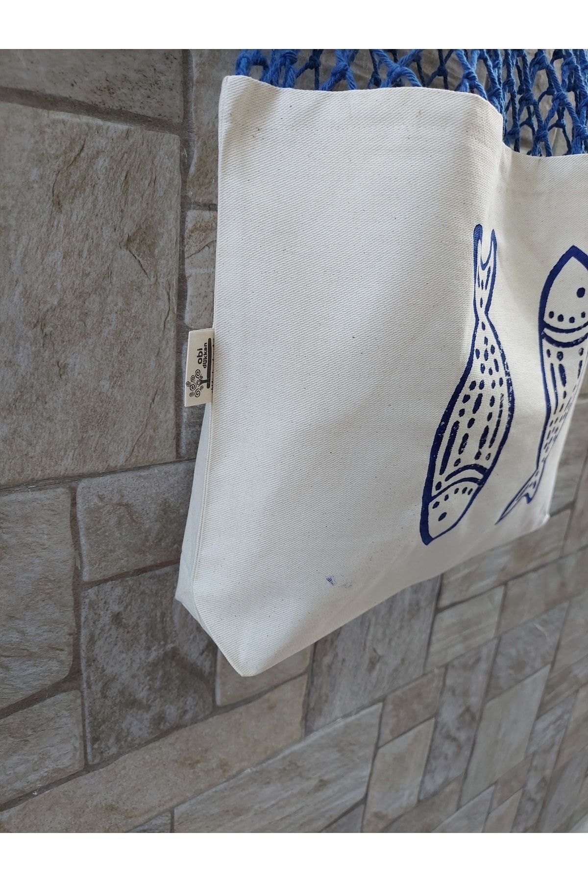 Balık Baskılı Mavi Uzun File Çanta