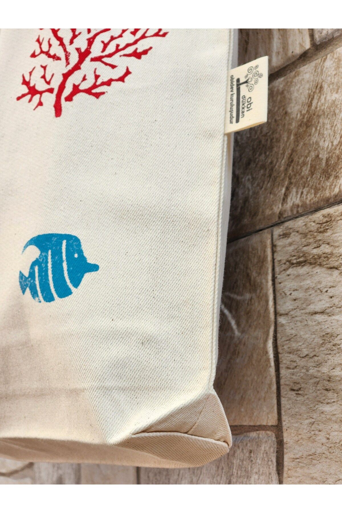 Tahta Baskı Mercan Balık Uzun File Çanta