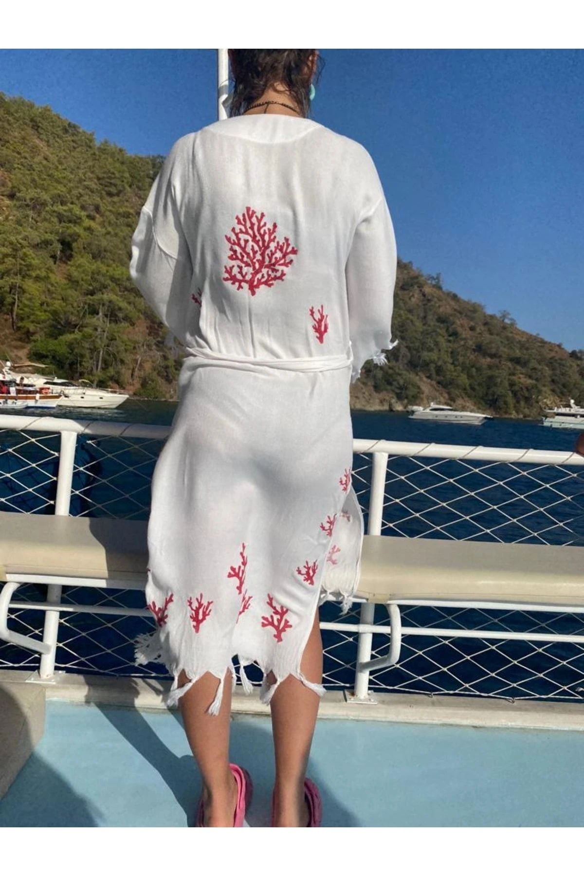 Kırmızı Mercan Baskılı Kimono&kaftan