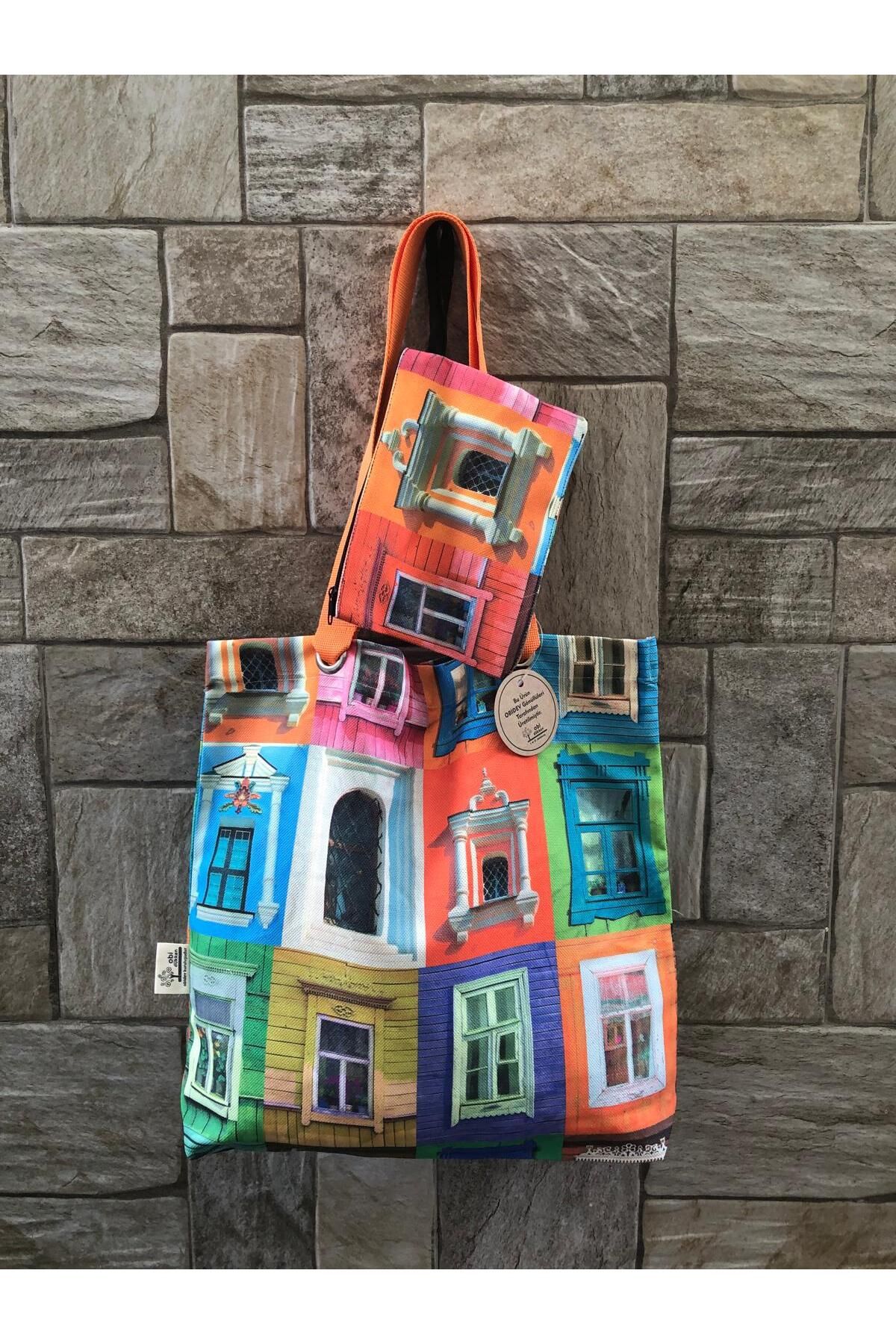 Pencereler Desenli Dijital Baskı Kol Çantası-küçük Cüzdanlı