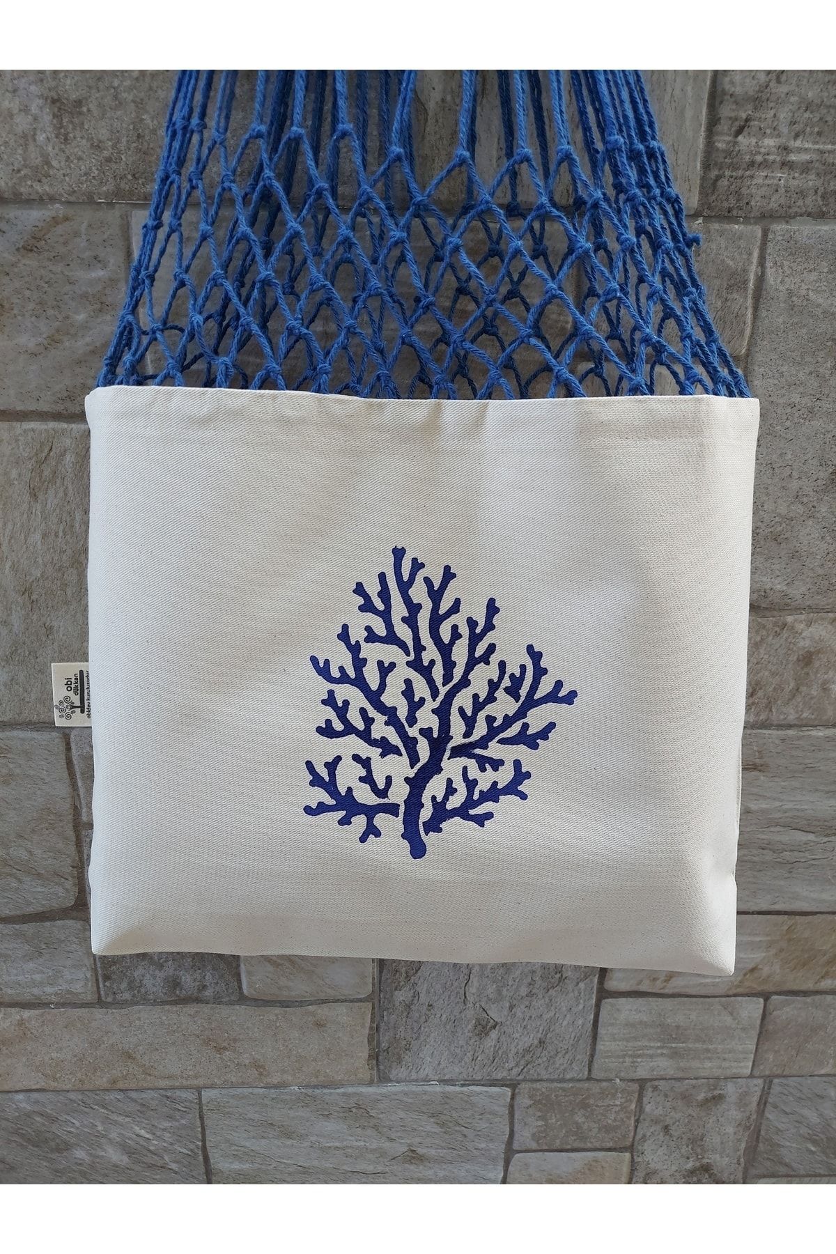 Mercan Baskılı Mavi Uzun File Çanta