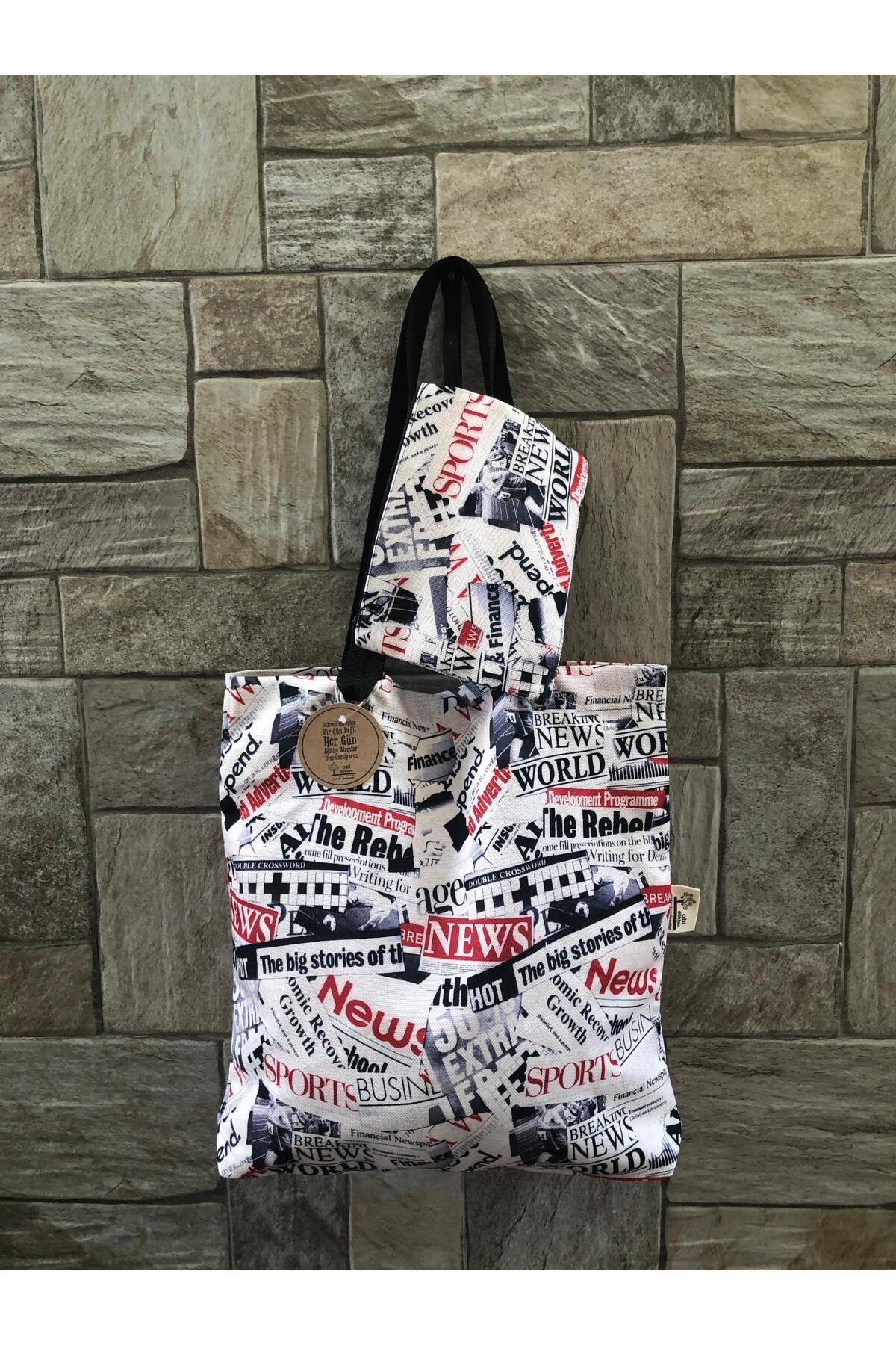 Gazete Manşetleri Desenli Dijital Baskı Kol Çantası-küçük Cüzdanlı