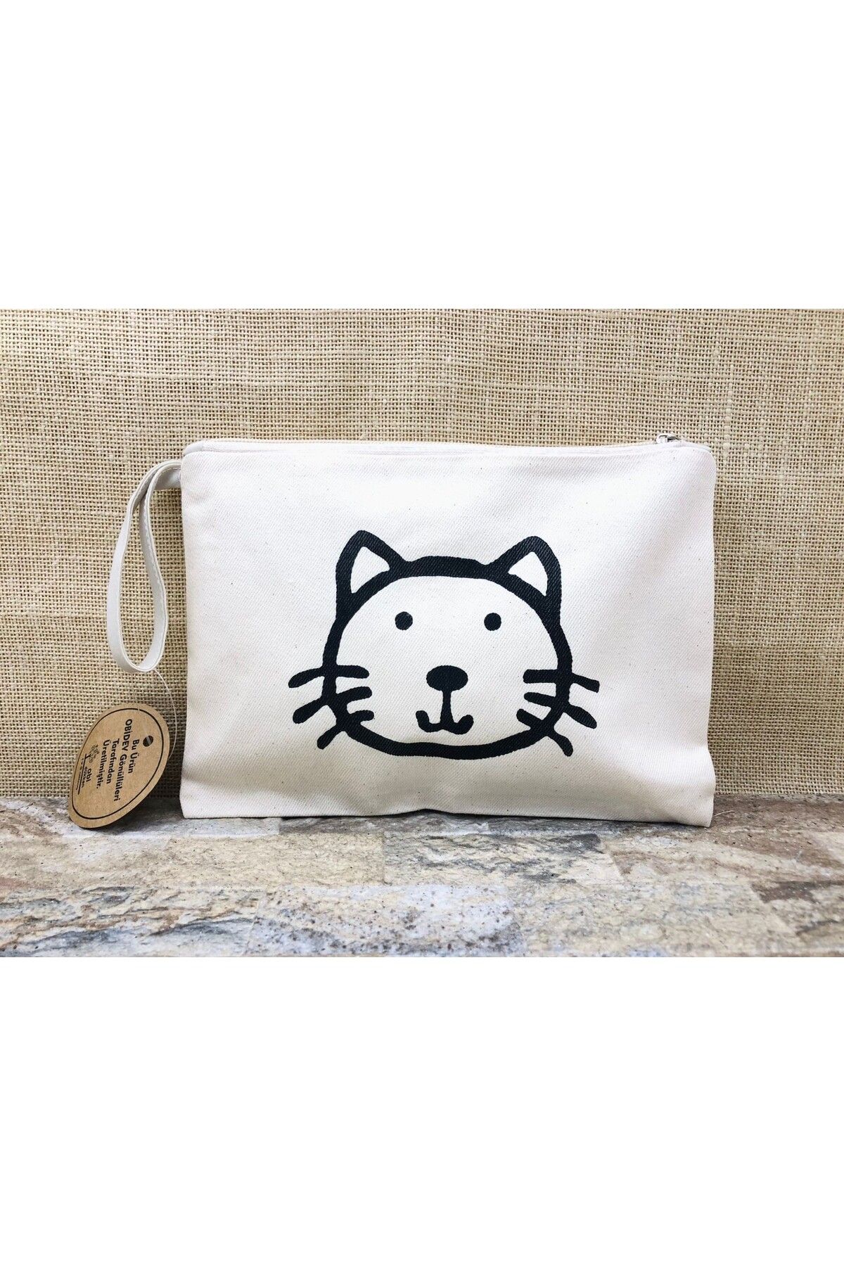 Tahta Baskılı Kedi Clutch, Portföy, Makyaj Çantası