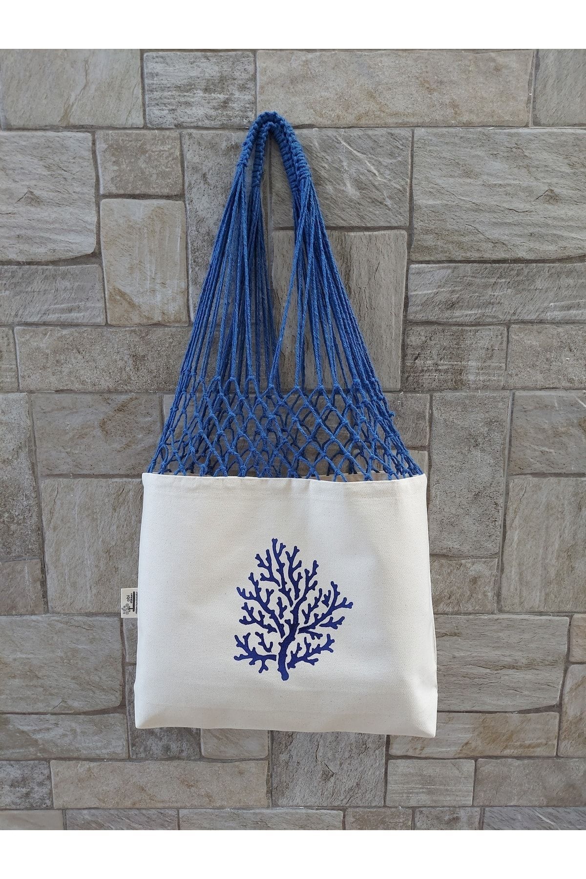 Mercan Baskılı Mavi Uzun File Çanta