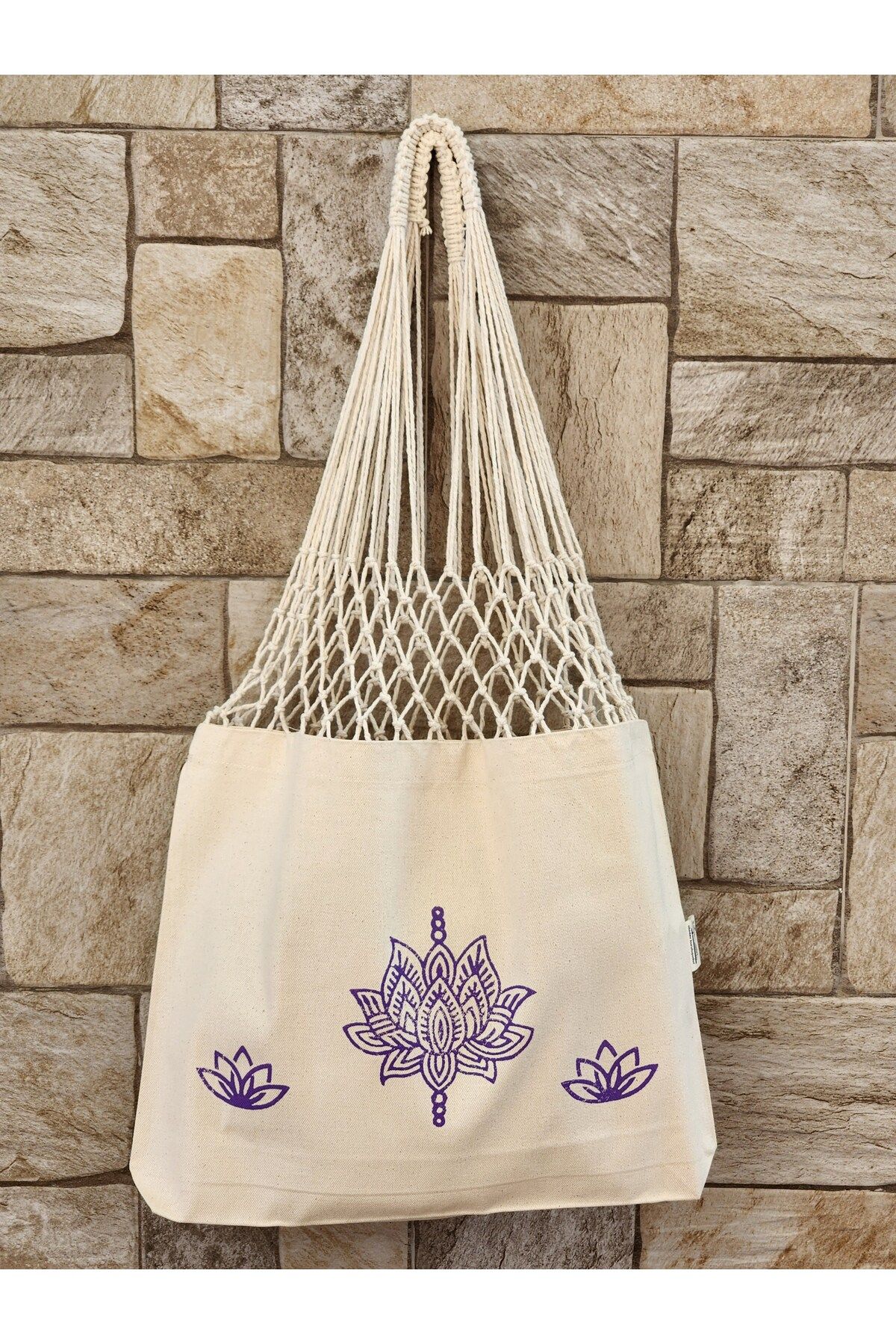 Tahta Baskı Lotus Desenli Uzun File Çanta