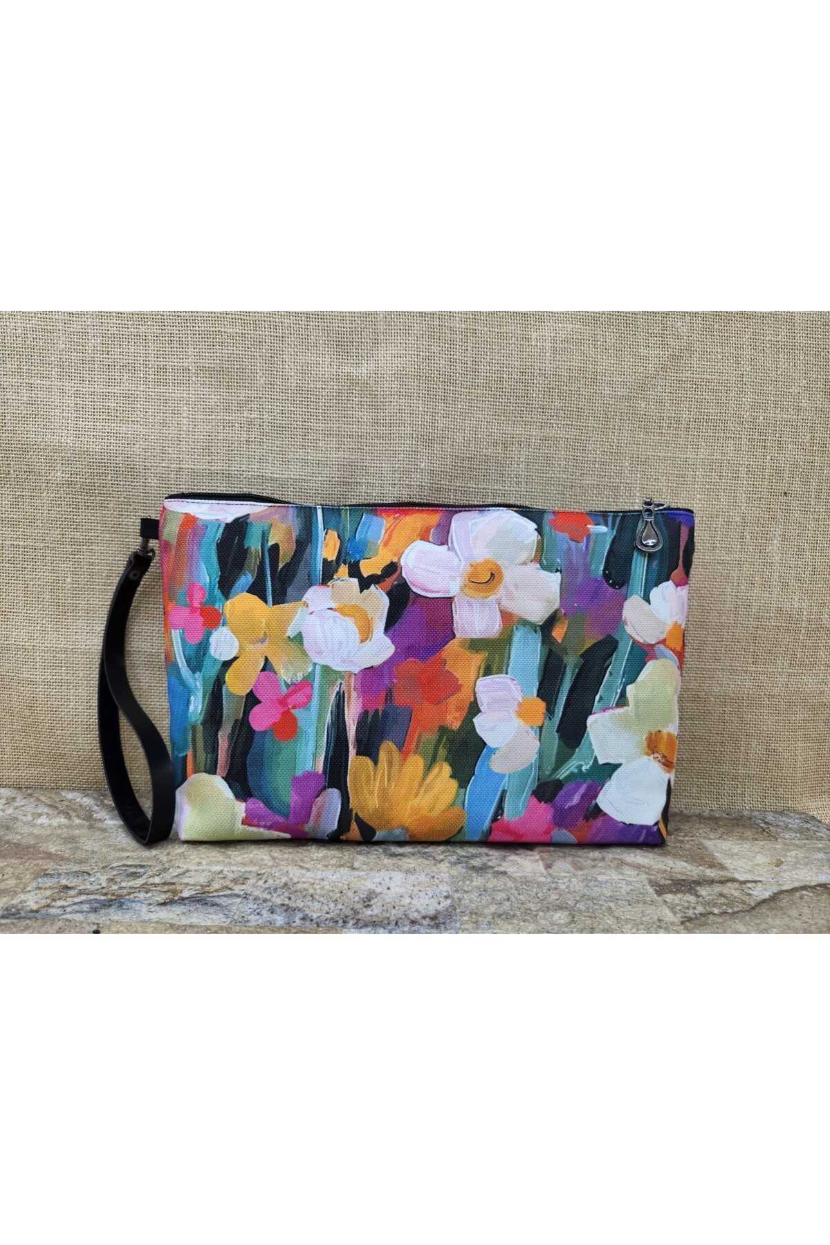 Yağlıboya  Çiçek Desenli Portföy Çanta