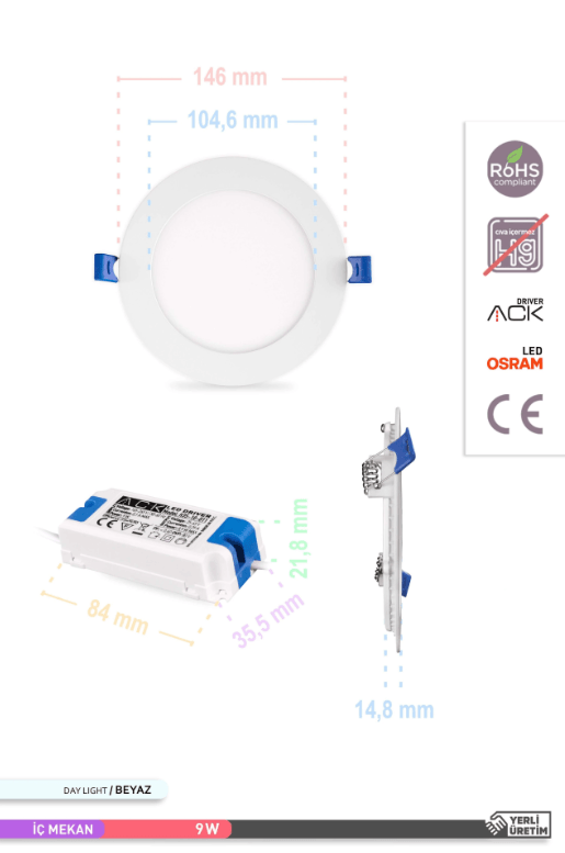 ACK Sıva Altı 9W Led Panel Beyaz Işık Yuvarlak Panel Armatür 