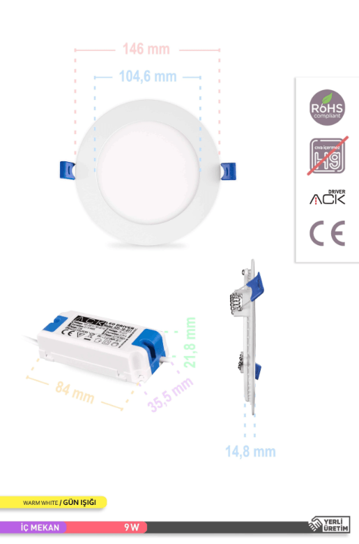 ACK Sıva Altı 9W Led Panel Günışığı Yuvarlak Panel Armatür 