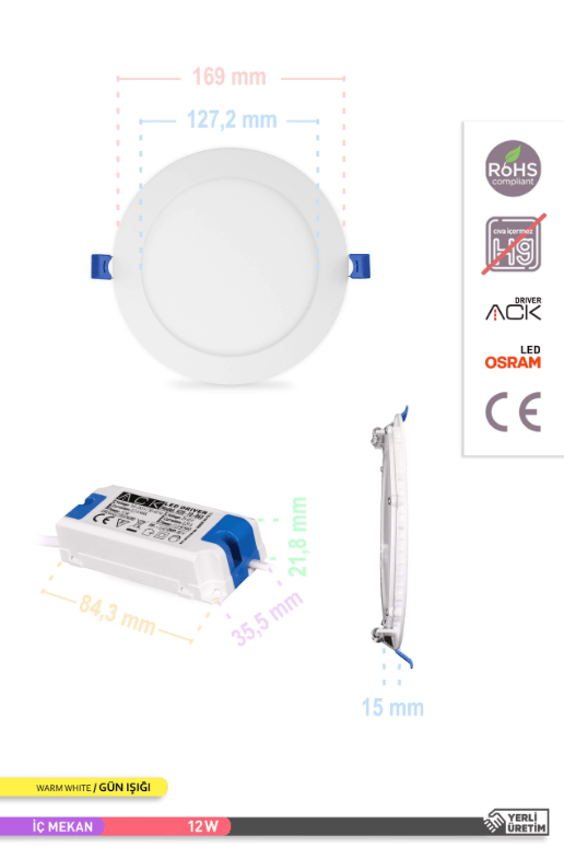 ACK Sıva Altı 12W Led Panel Günışığı Yuvarlak Panel Armatür 