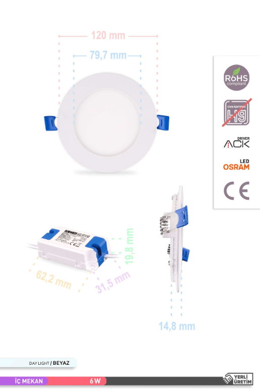 ACK Sıva Altı 6W Led Panel Beyaz Işık Yuvarlak Panel Armatür 