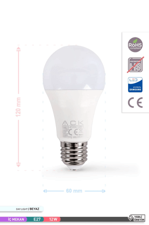 ACK 12W Beyaz Işık Led Ampul E27 Duy 1170 Lümen 