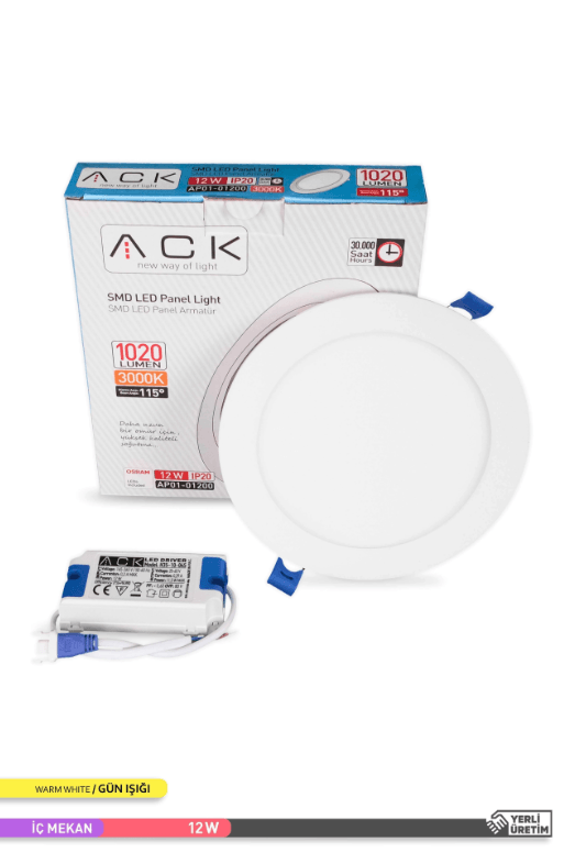 ACK Sıva Altı 12W Led Panel Günışığı Yuvarlak Panel Armatür 