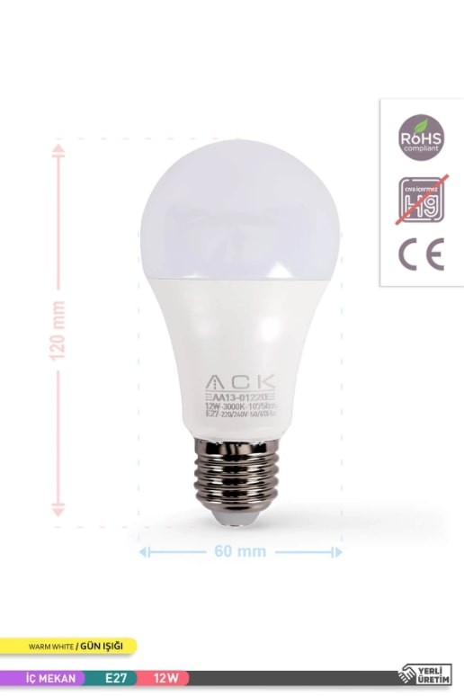 ACK 12W Günışığı Led Ampul E27 Duy 1075 Lümen 